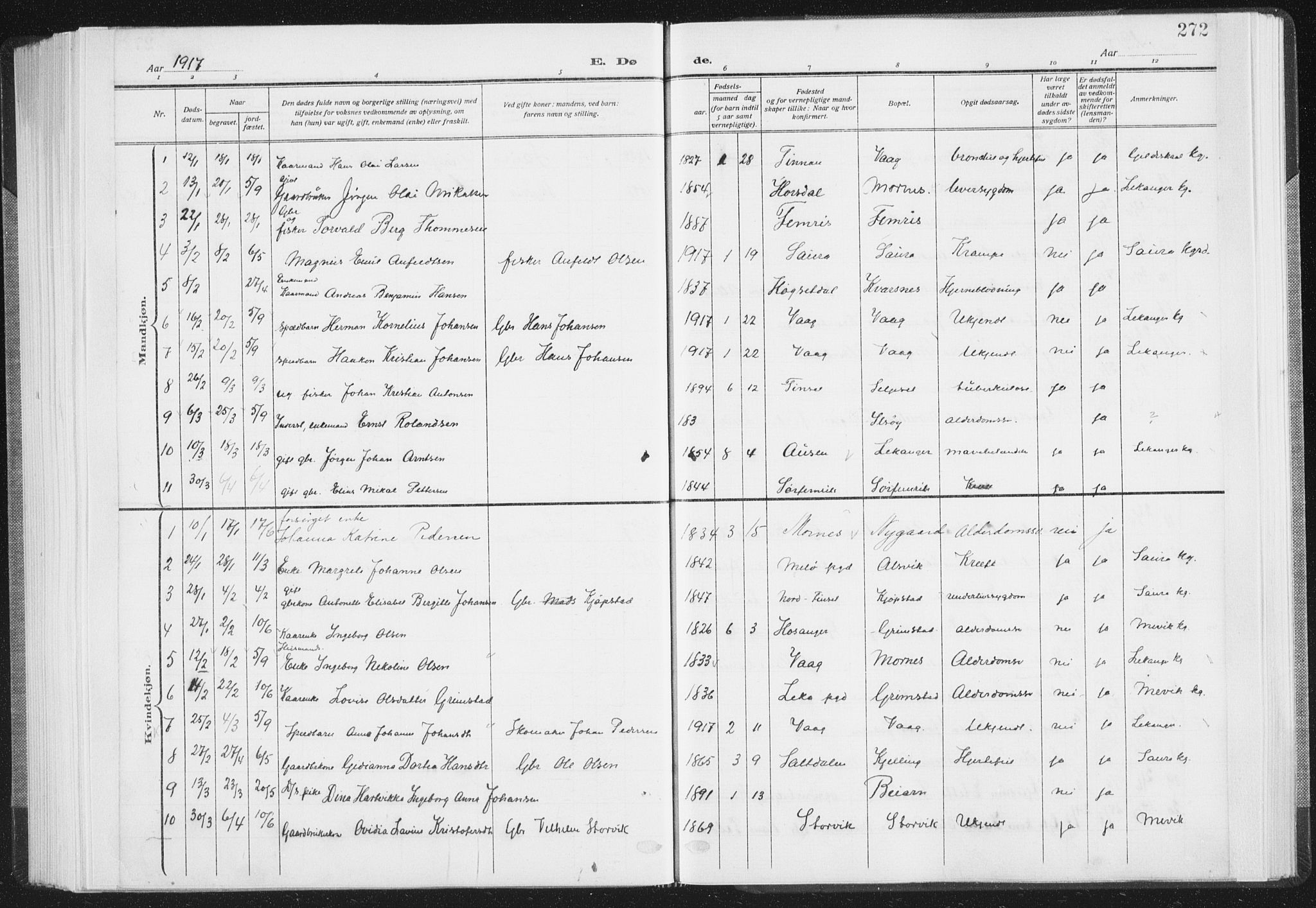 Ministerialprotokoller, klokkerbøker og fødselsregistre - Nordland, AV/SAT-A-1459/805/L0104: Parish register (official) no. 805A09, 1909-1926, p. 272