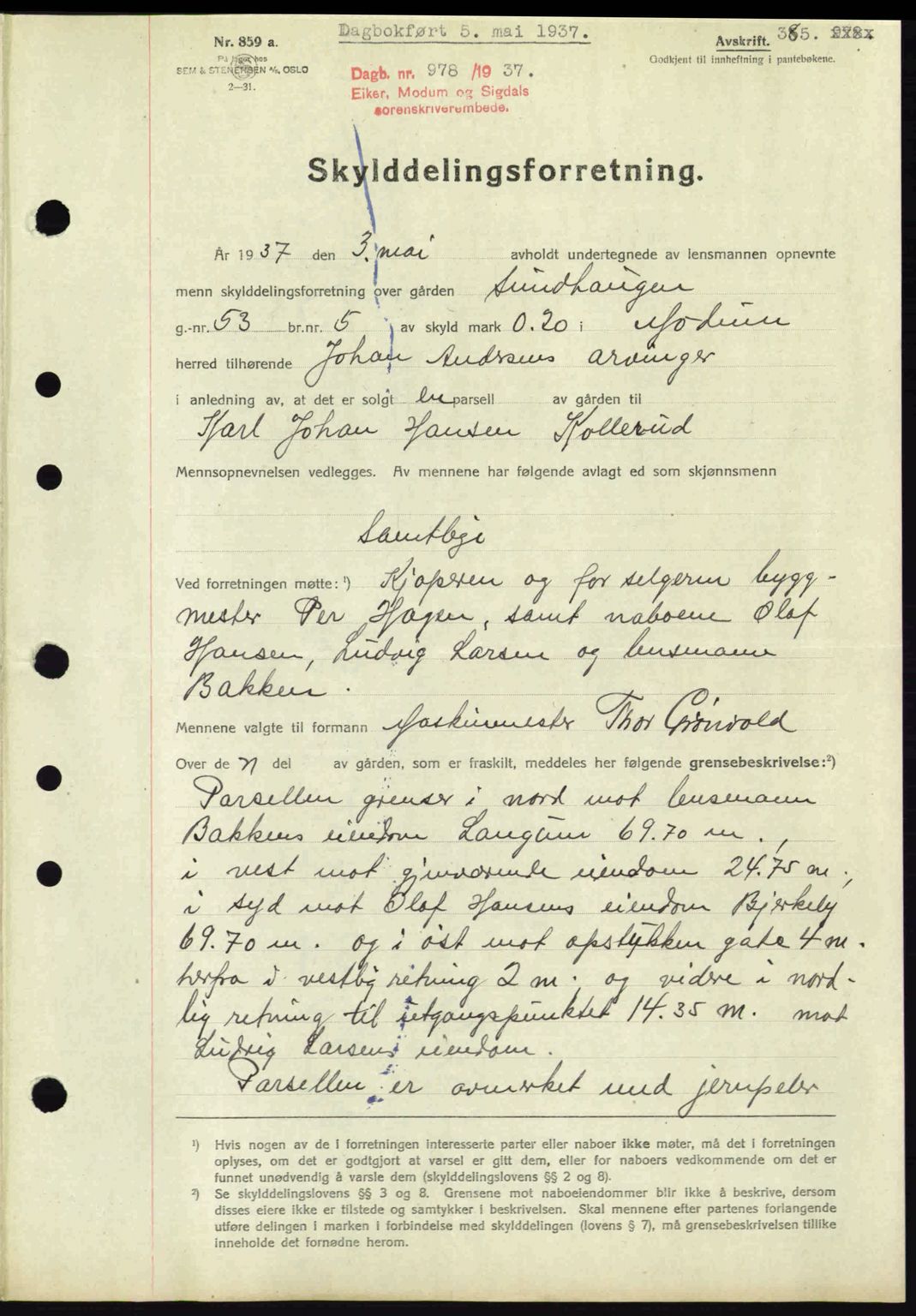 Eiker, Modum og Sigdal sorenskriveri, SAKO/A-123/G/Ga/Gab/L0035: Mortgage book no. A5, 1937-1937, Diary no: : 978/1937