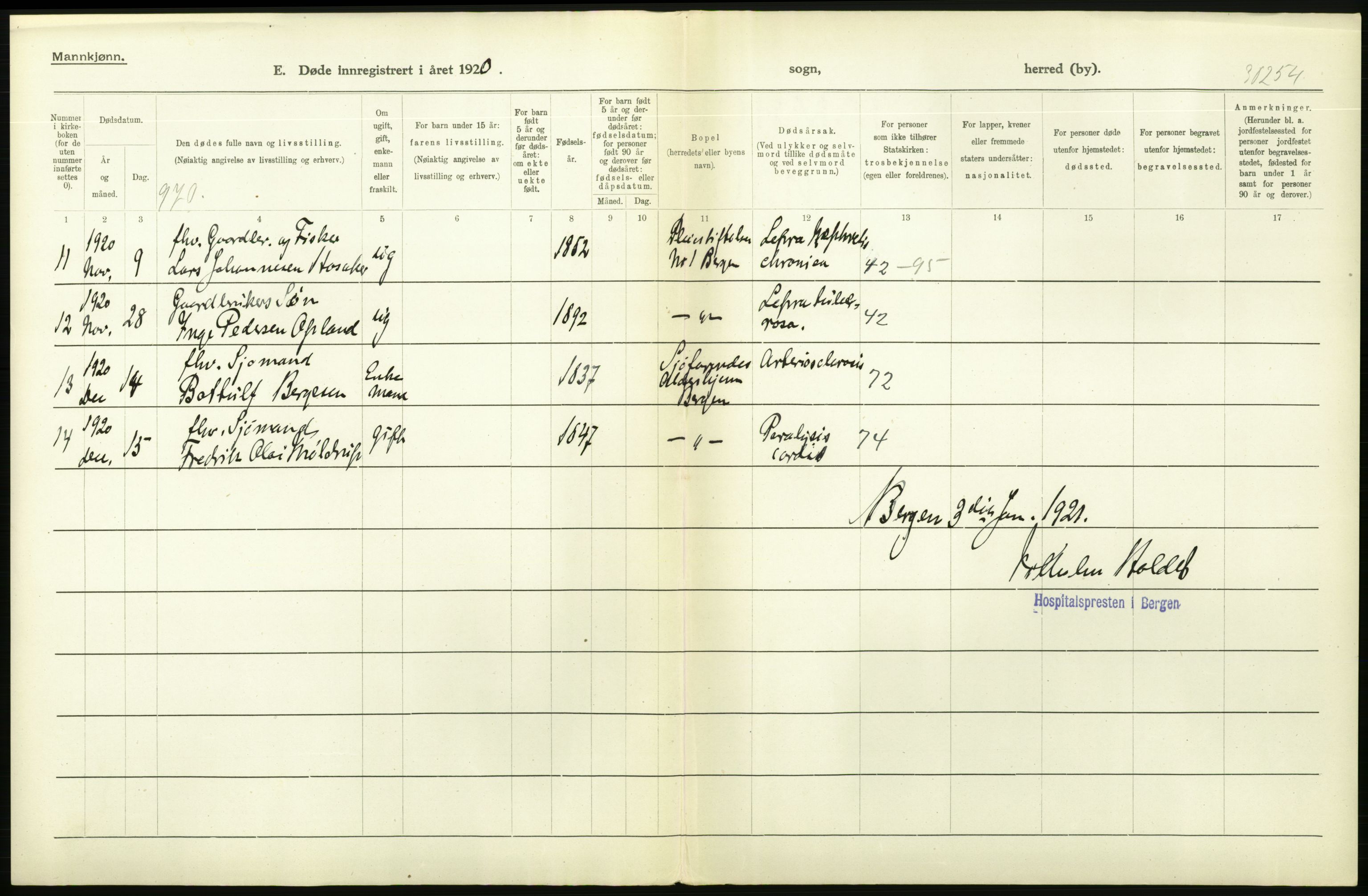 Statistisk sentralbyrå, Sosiodemografiske emner, Befolkning, AV/RA-S-2228/D/Df/Dfb/Dfbj/L0042: Bergen: Gifte, døde, dødfødte., 1920, p. 380