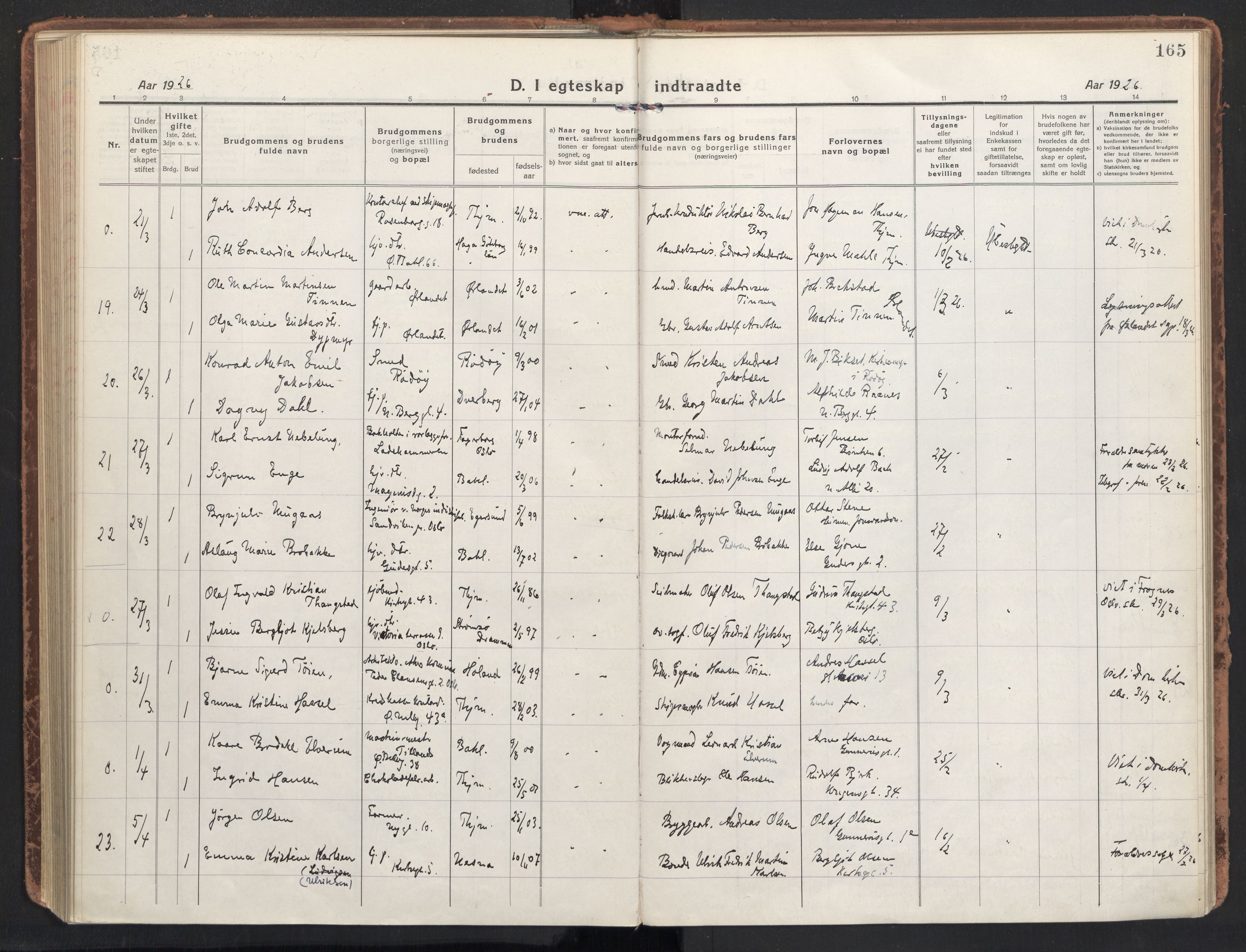 Ministerialprotokoller, klokkerbøker og fødselsregistre - Sør-Trøndelag, AV/SAT-A-1456/604/L0206: Parish register (official) no. 604A26, 1917-1931, p. 165