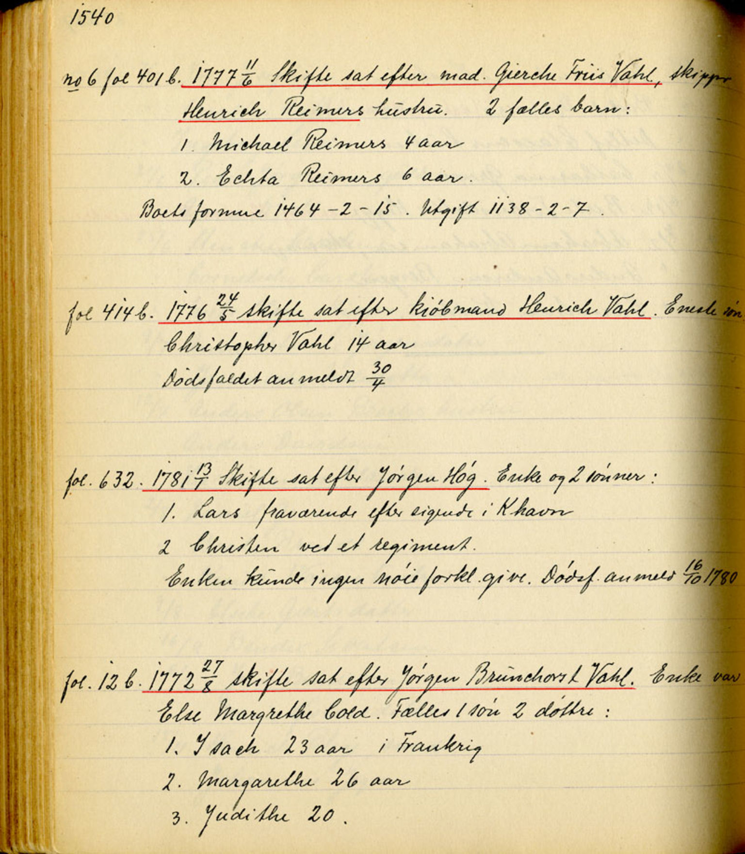 Sollied, Olaf og Thora - samlinger, SAB/SAB/DA-0401/01/L0011/0001: Skifte: Utdrag av registreringsprotokoll / 96 Skifte: utdrag av registreringsprotokoll, 1675-1738, p. 1540