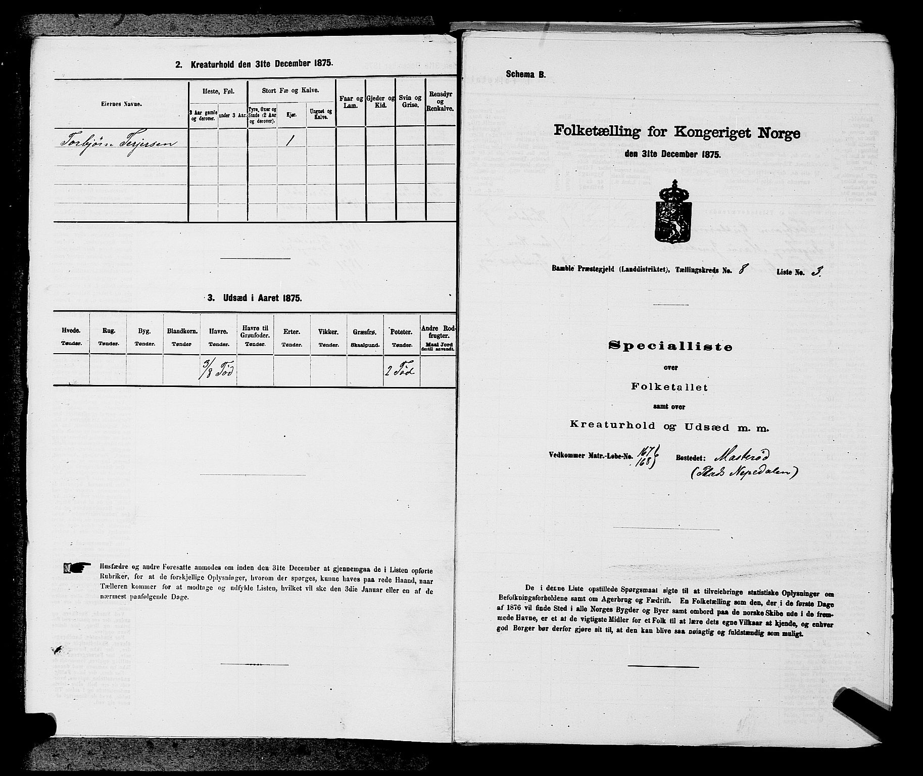 SAKO, 1875 census for 0814L Bamble/Bamble, 1875, p. 1045