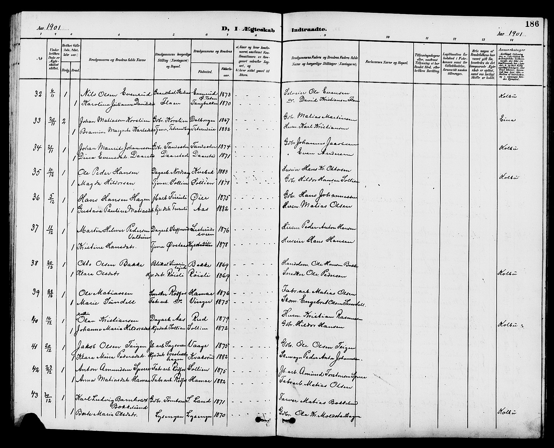 Vestre Toten prestekontor, SAH/PREST-108/H/Ha/Hab/L0010: Parish register (copy) no. 10, 1900-1912, p. 186