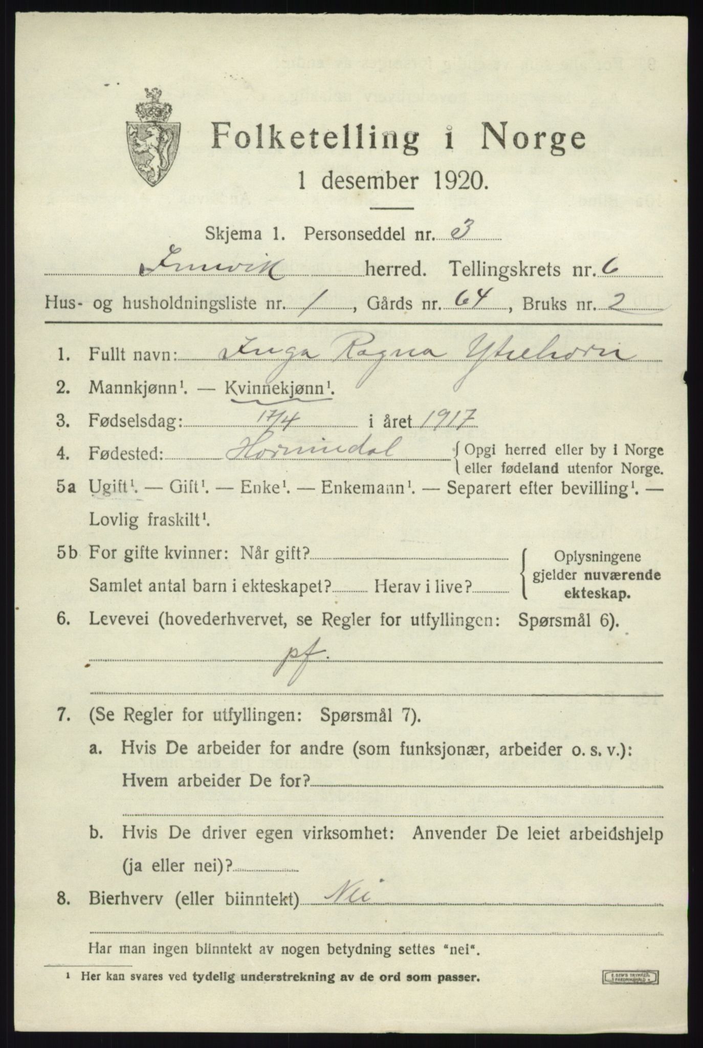 SAB, 1920 census for Innvik, 1920, p. 3015