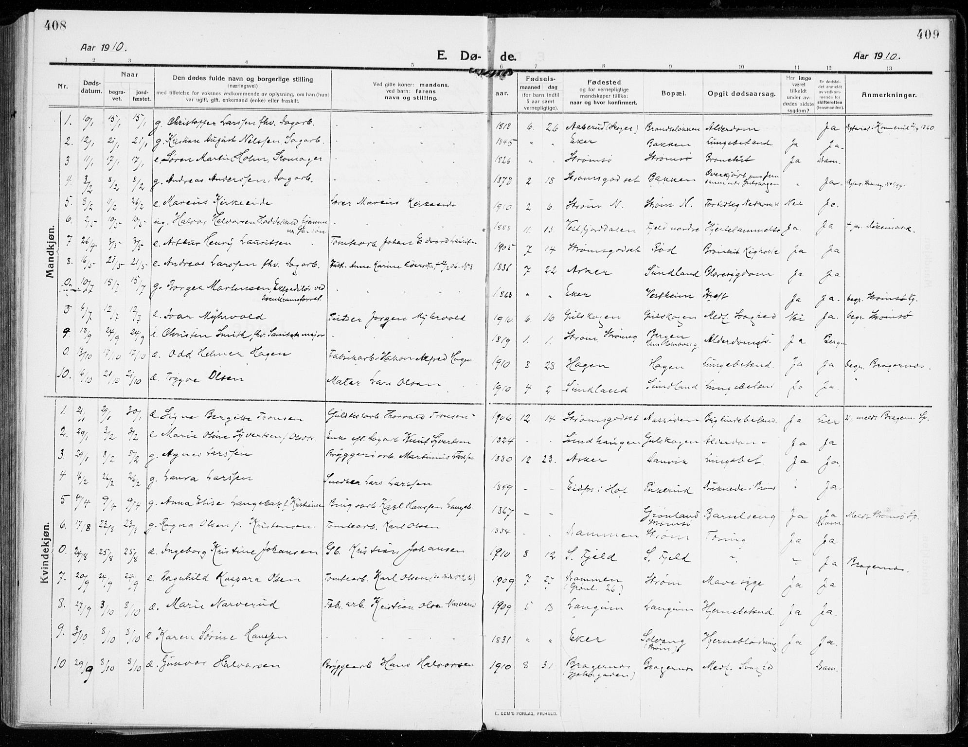Strømsgodset kirkebøker, SAKO/A-324/F/Fa/L0002: Parish register (official) no. 2, 1910-1920, p. 408-409