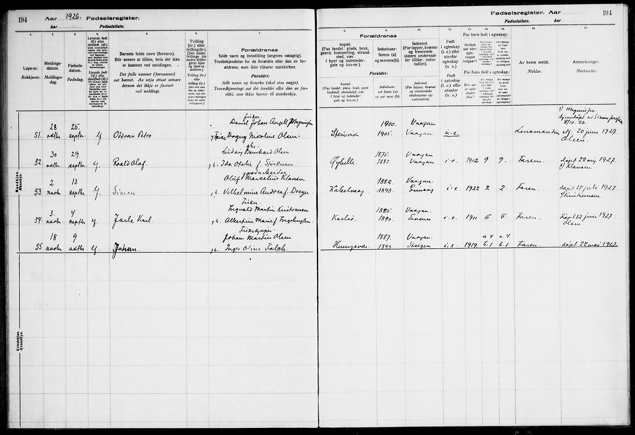 Ministerialprotokoller, klokkerbøker og fødselsregistre - Nordland, AV/SAT-A-1459/874/L1089: Birth register no. 874.II.4.1, 1916-1926, p. 194