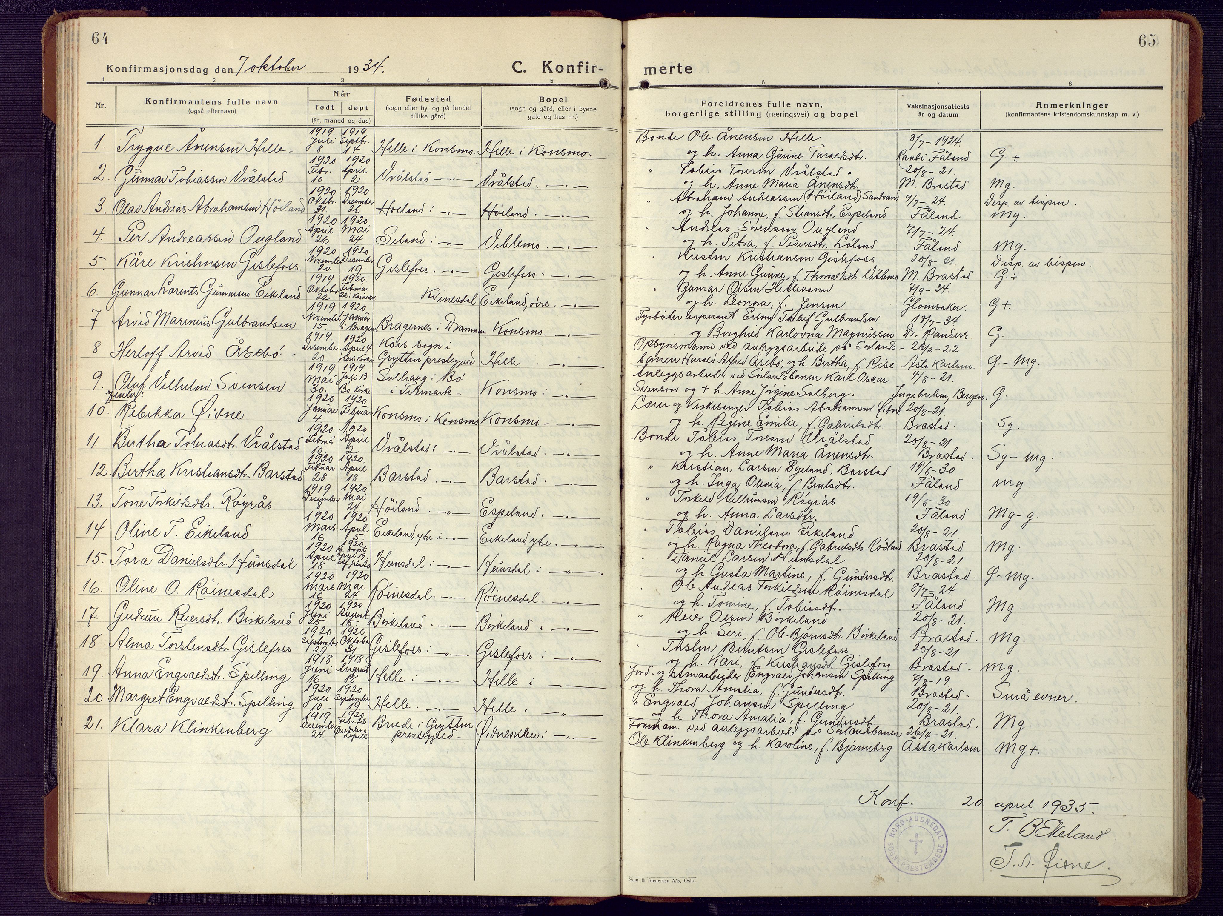 Nord-Audnedal sokneprestkontor, AV/SAK-1111-0032/F/Fb/Fba/L0006: Parish register (copy) no. B 6, 1929-1946, p. 64-65