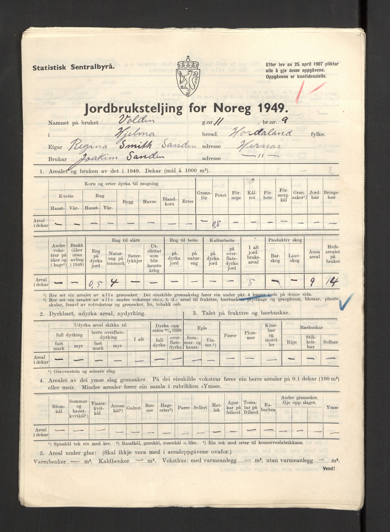 Statistisk sentralbyrå, Næringsøkonomiske emner, Jordbruk, skogbruk, jakt, fiske og fangst, AV/RA-S-2234/G/Gc/L0276: Hordaland: Herdla og Hjelme, 1949, p. 1118