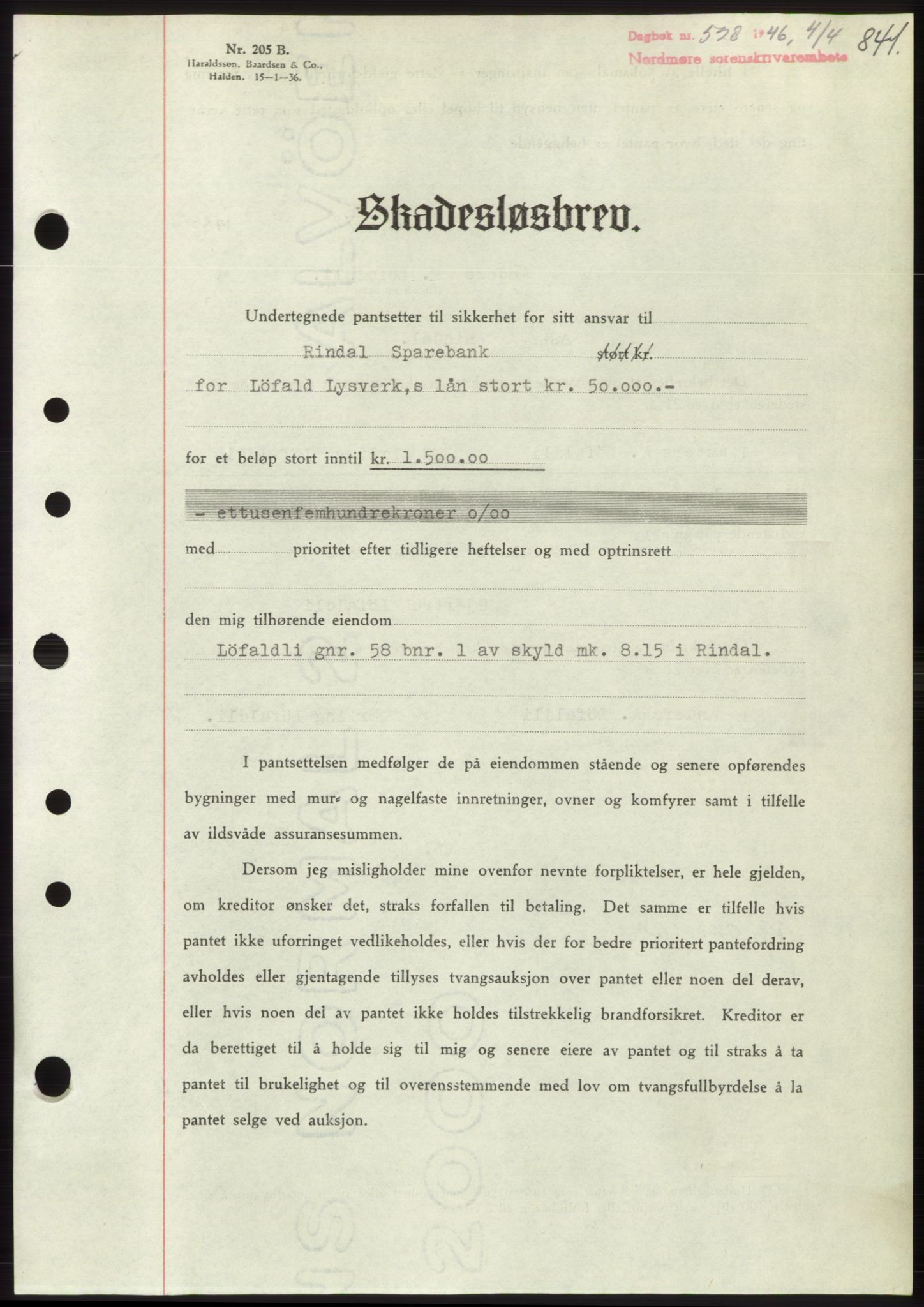 Nordmøre sorenskriveri, AV/SAT-A-4132/1/2/2Ca: Mortgage book no. B93b, 1946-1946, Diary no: : 528/1946