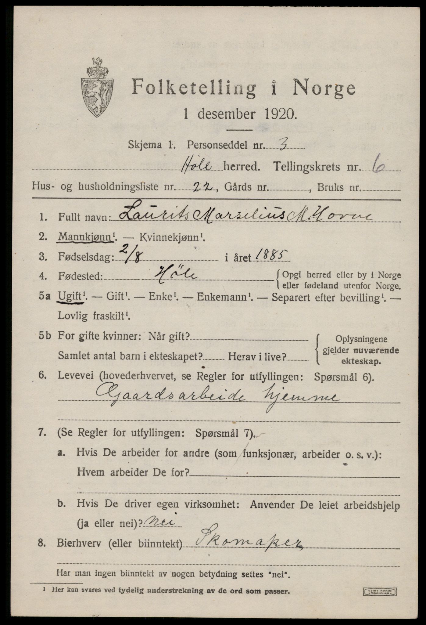 SAST, 1920 census for Høle, 1920, p. 1993