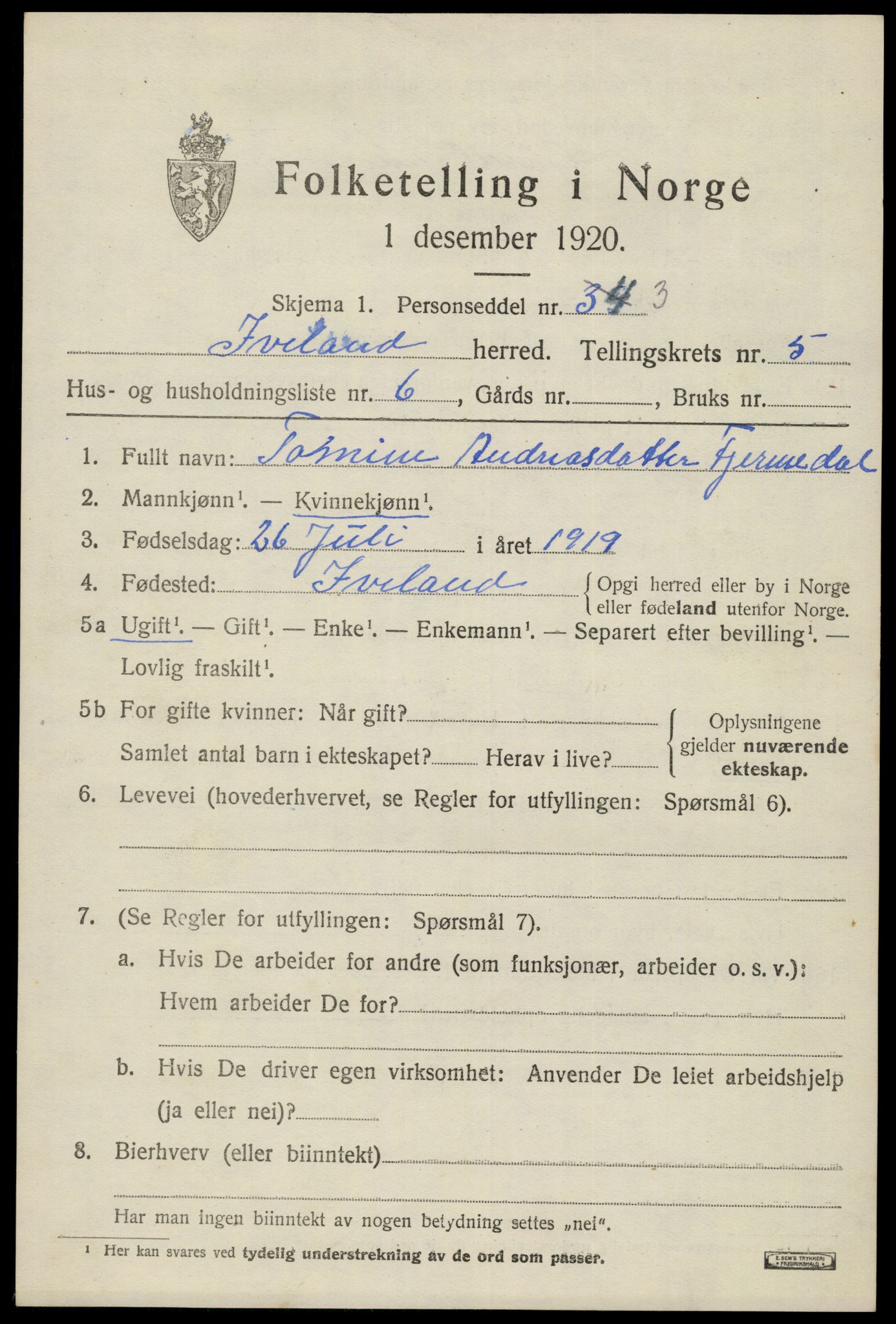 SAK, 1920 census for Iveland, 1920, p. 1651