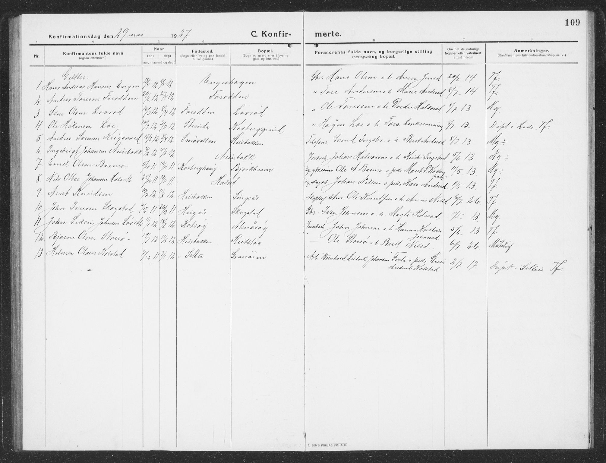 Ministerialprotokoller, klokkerbøker og fødselsregistre - Sør-Trøndelag, SAT/A-1456/688/L1030: Parish register (copy) no. 688C05, 1916-1939, p. 109