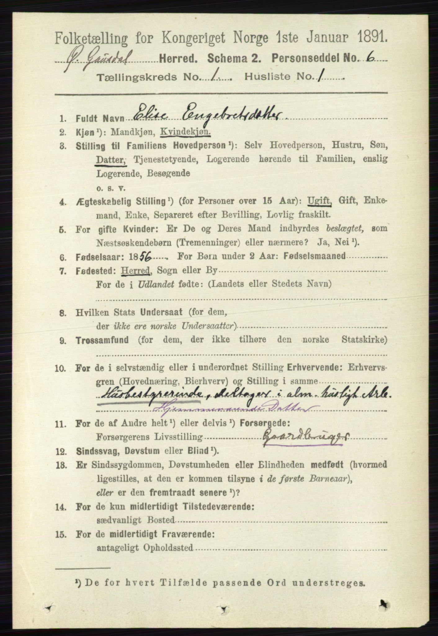 RA, 1891 census for 0522 Østre Gausdal, 1891, p. 164