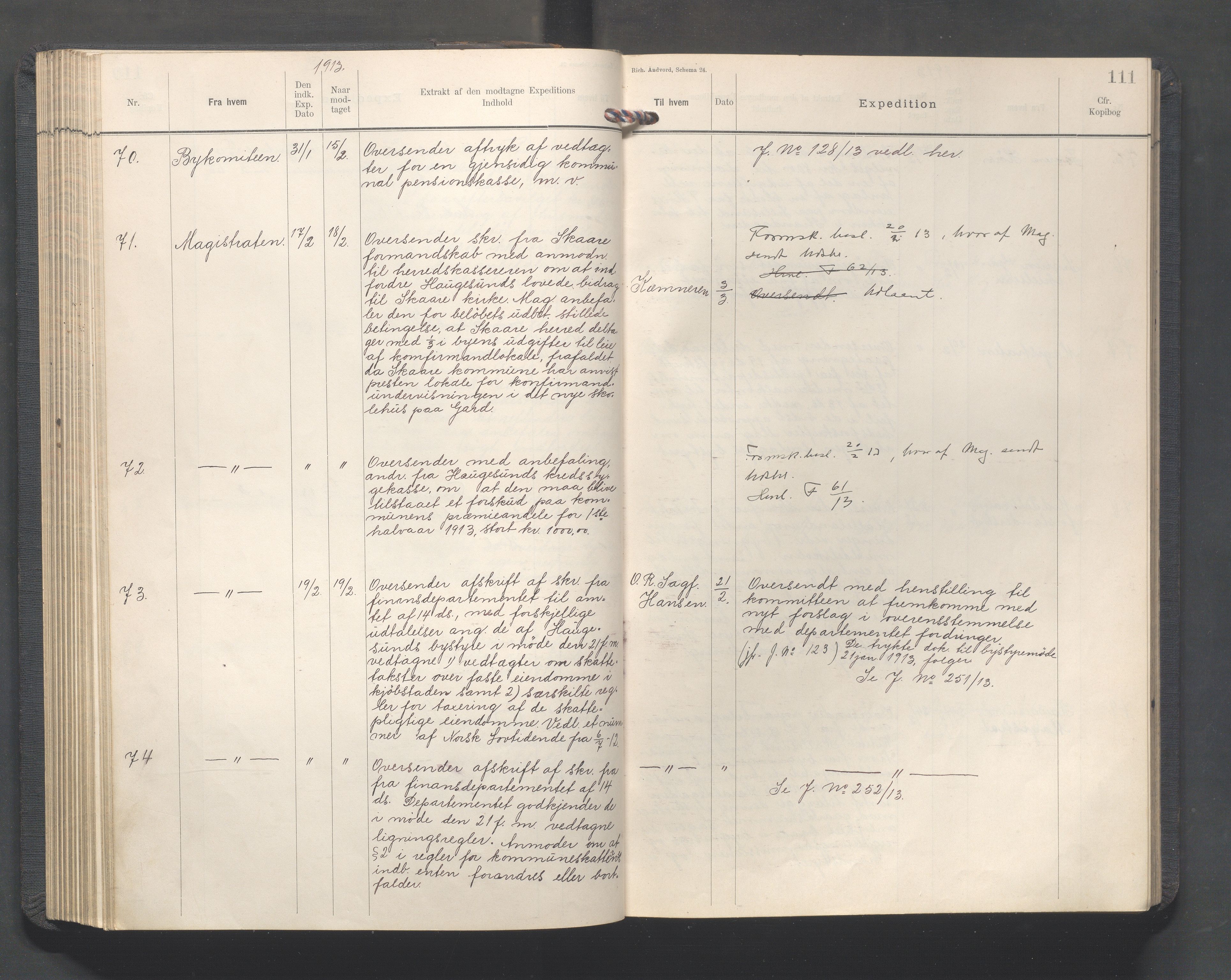 Haugesund kommune - Formannskapet, IKAR/X-0001/C/L0005: Journal, 1912-1914, p. 111