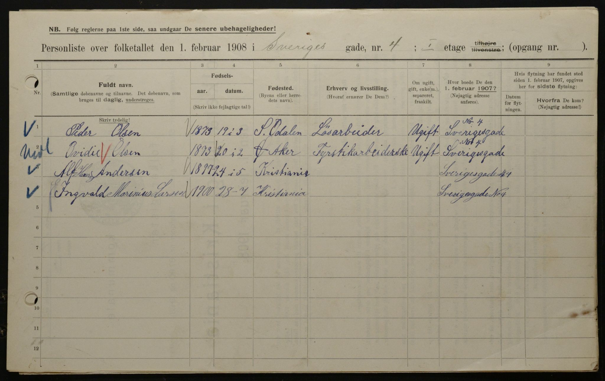 OBA, Municipal Census 1908 for Kristiania, 1908, p. 95135
