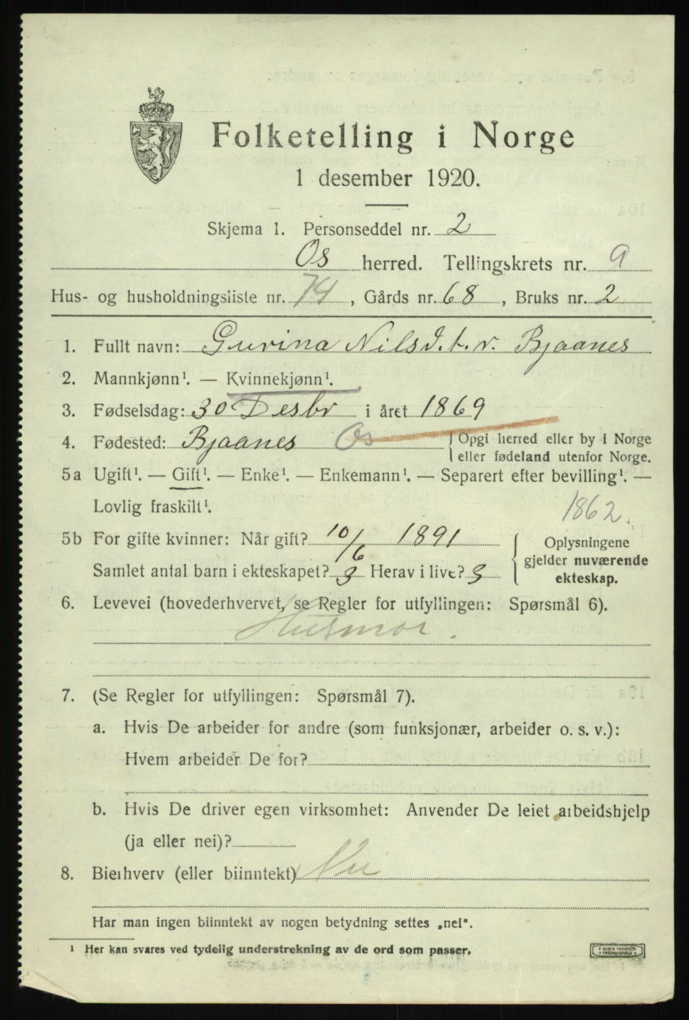 SAB, 1920 census for Os, 1920, p. 8206