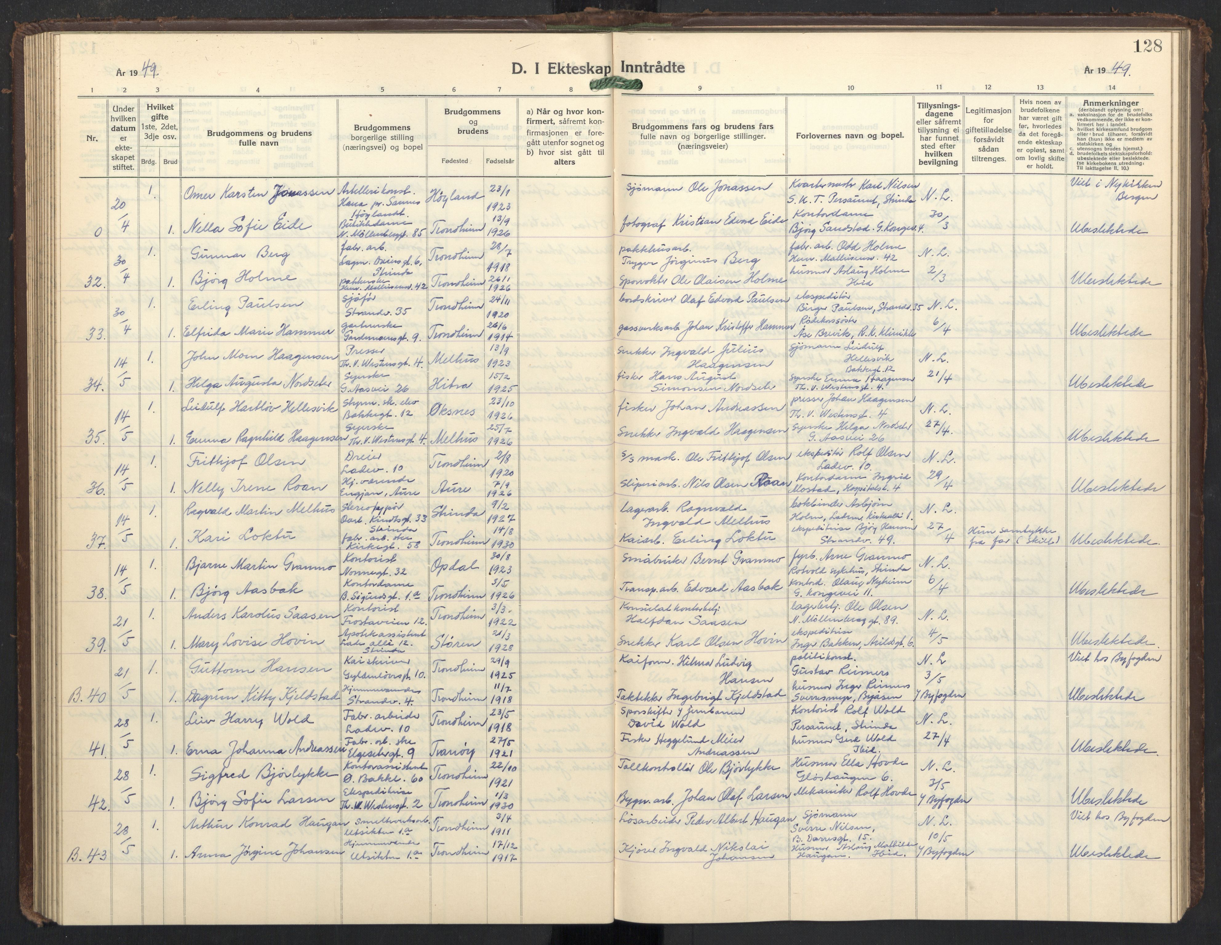 Ministerialprotokoller, klokkerbøker og fødselsregistre - Sør-Trøndelag, AV/SAT-A-1456/605/L0263: Parish register (copy) no. 605C10, 1938-1949, p. 128