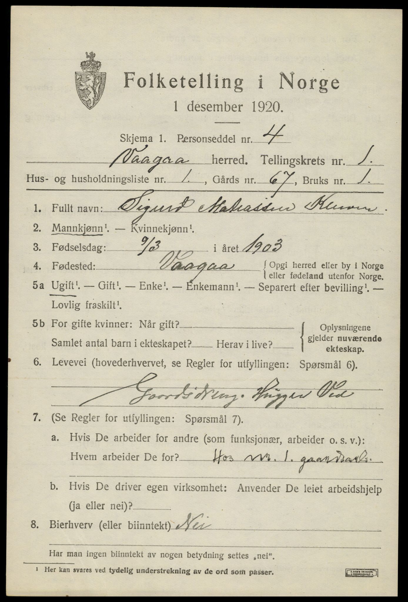 SAH, 1920 census for Vågå, 1920, p. 1284