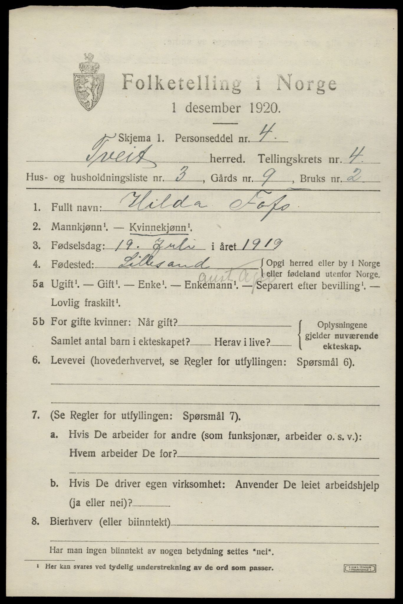 SAK, 1920 census for Tveit, 1920, p. 2006