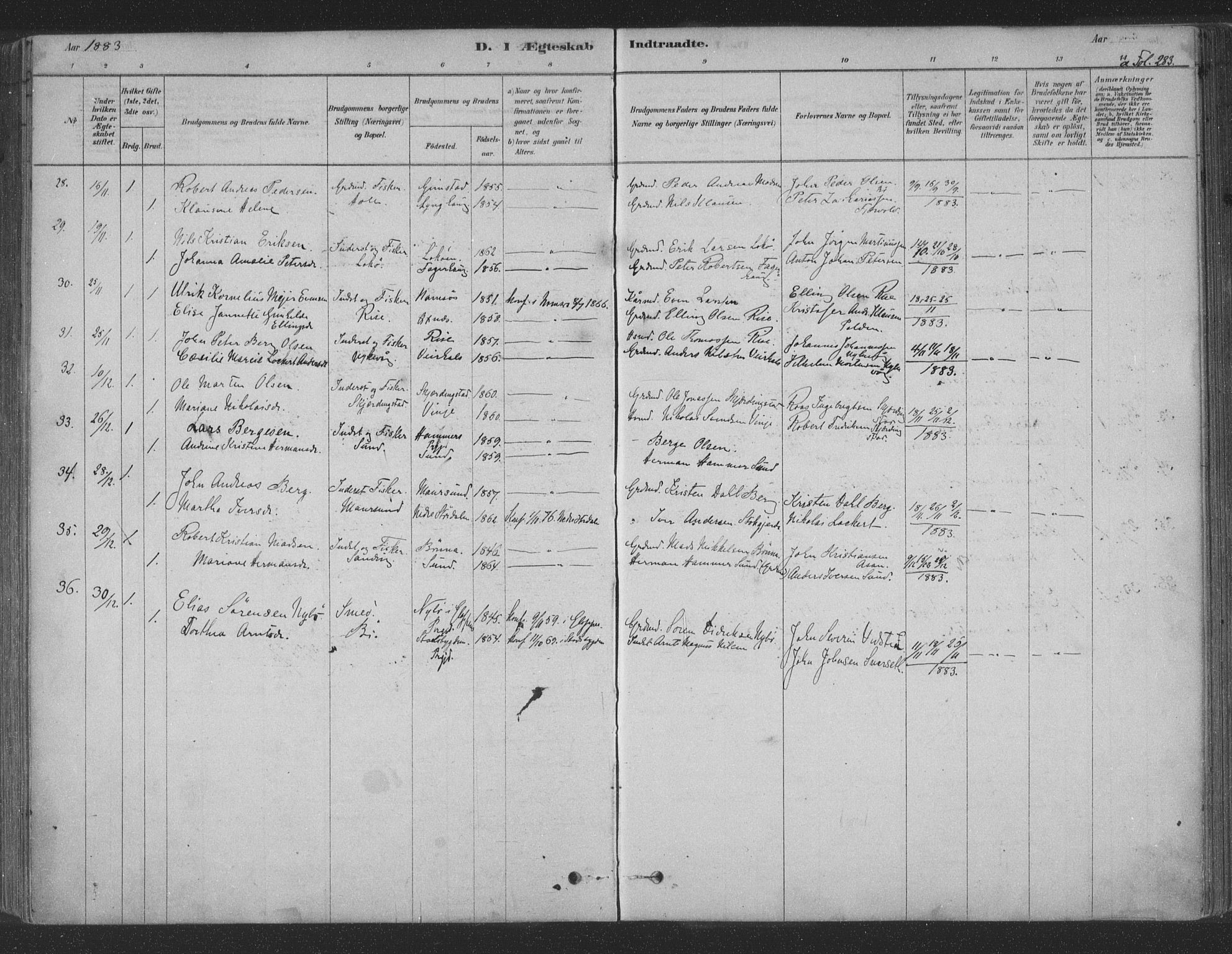 Ministerialprotokoller, klokkerbøker og fødselsregistre - Nordland, AV/SAT-A-1459/891/L1302: Parish register (official) no. 891A07, 1878-1895, p. 283