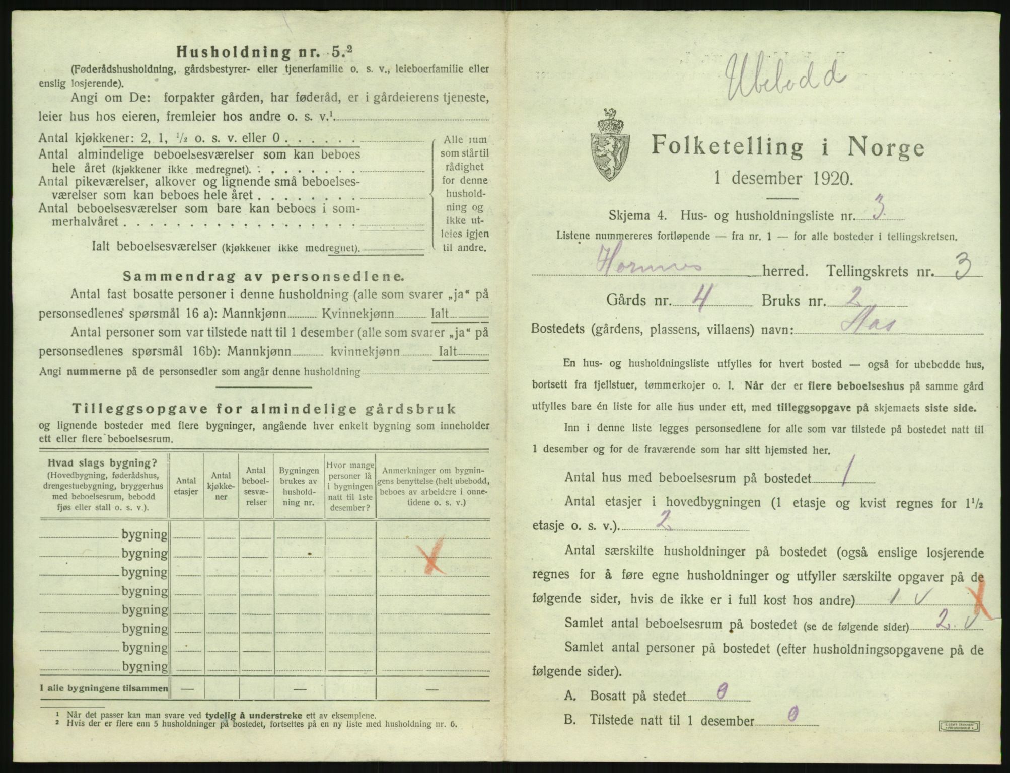 SAK, 1920 census for Hornnes, 1920, p. 121