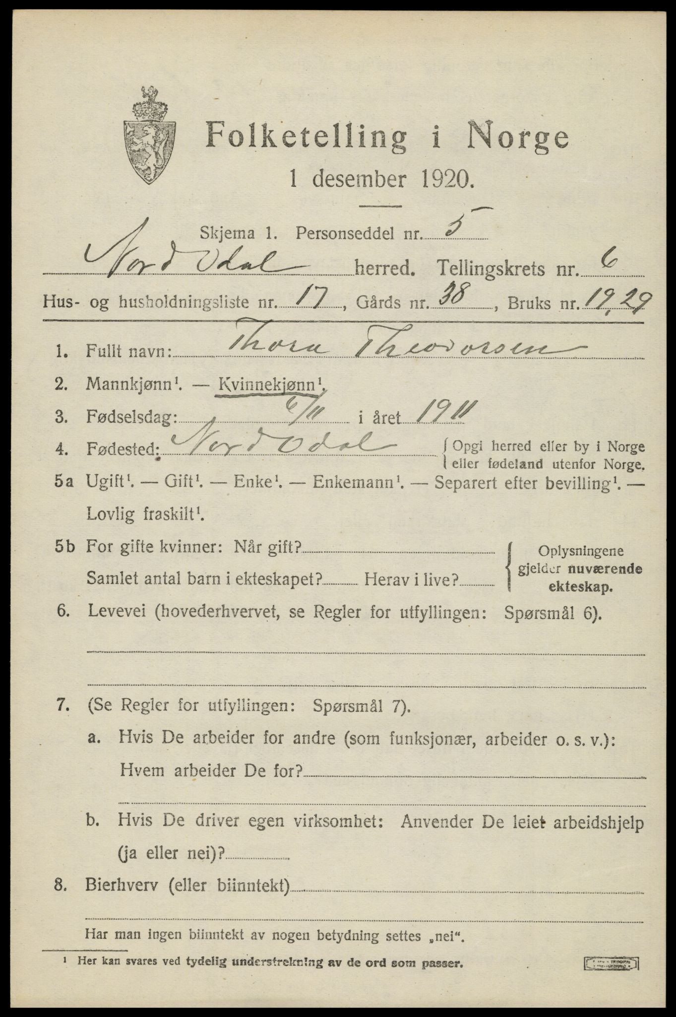 SAH, 1920 census for Nord-Odal, 1920, p. 6803