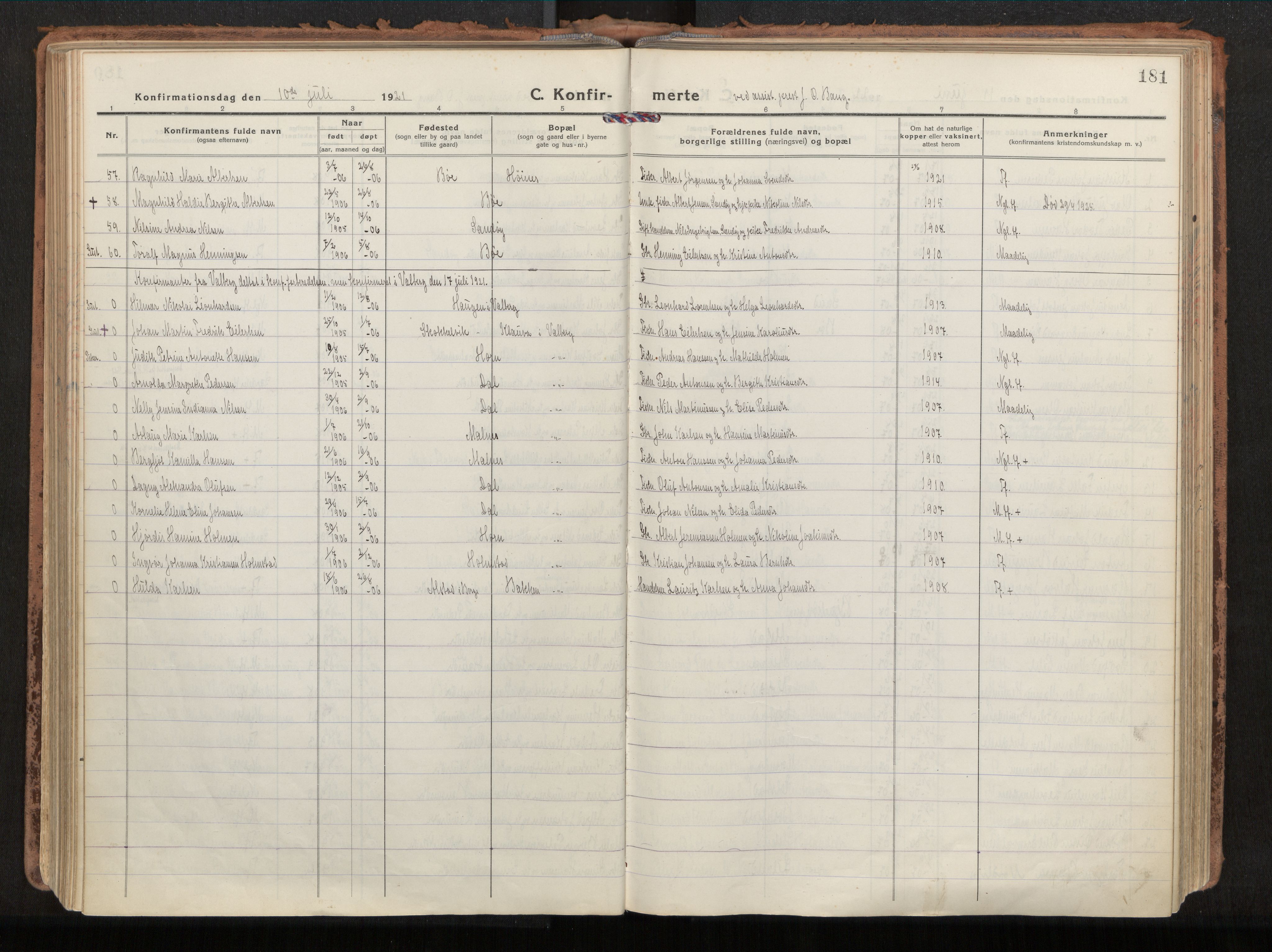 Ministerialprotokoller, klokkerbøker og fødselsregistre - Nordland, SAT/A-1459/880/L1136: Parish register (official) no. 880A10, 1919-1927, p. 181