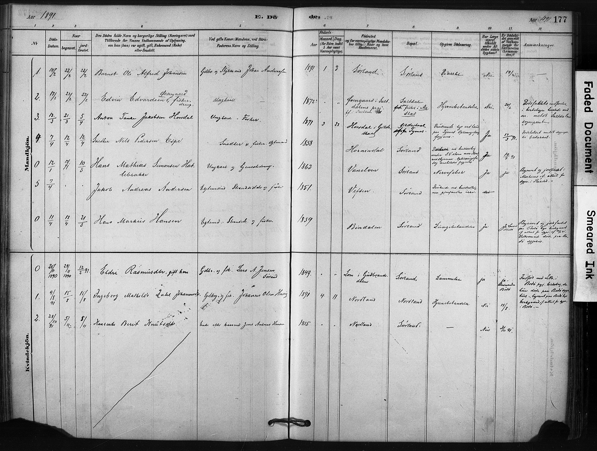 Ministerialprotokoller, klokkerbøker og fødselsregistre - Nordland, AV/SAT-A-1459/807/L0122: Parish register (official) no. 807A05, 1880-1902, p. 177