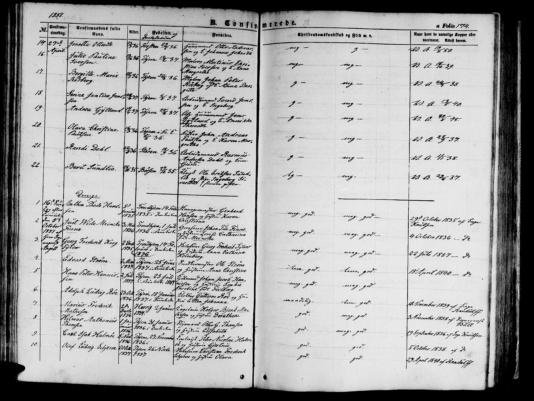 Ministerialprotokoller, klokkerbøker og fødselsregistre - Sør-Trøndelag, AV/SAT-A-1456/602/L0137: Parish register (copy) no. 602C05, 1846-1856, p. 174