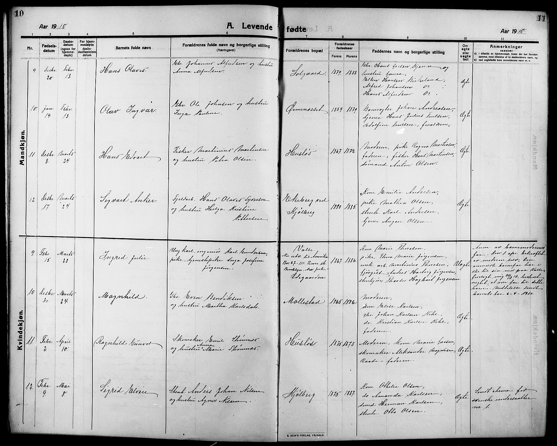 Onsøy prestekontor Kirkebøker, AV/SAO-A-10914/G/Ga/L0003: Parish register (copy) no. I 3, 1910-1926, p. 10-11