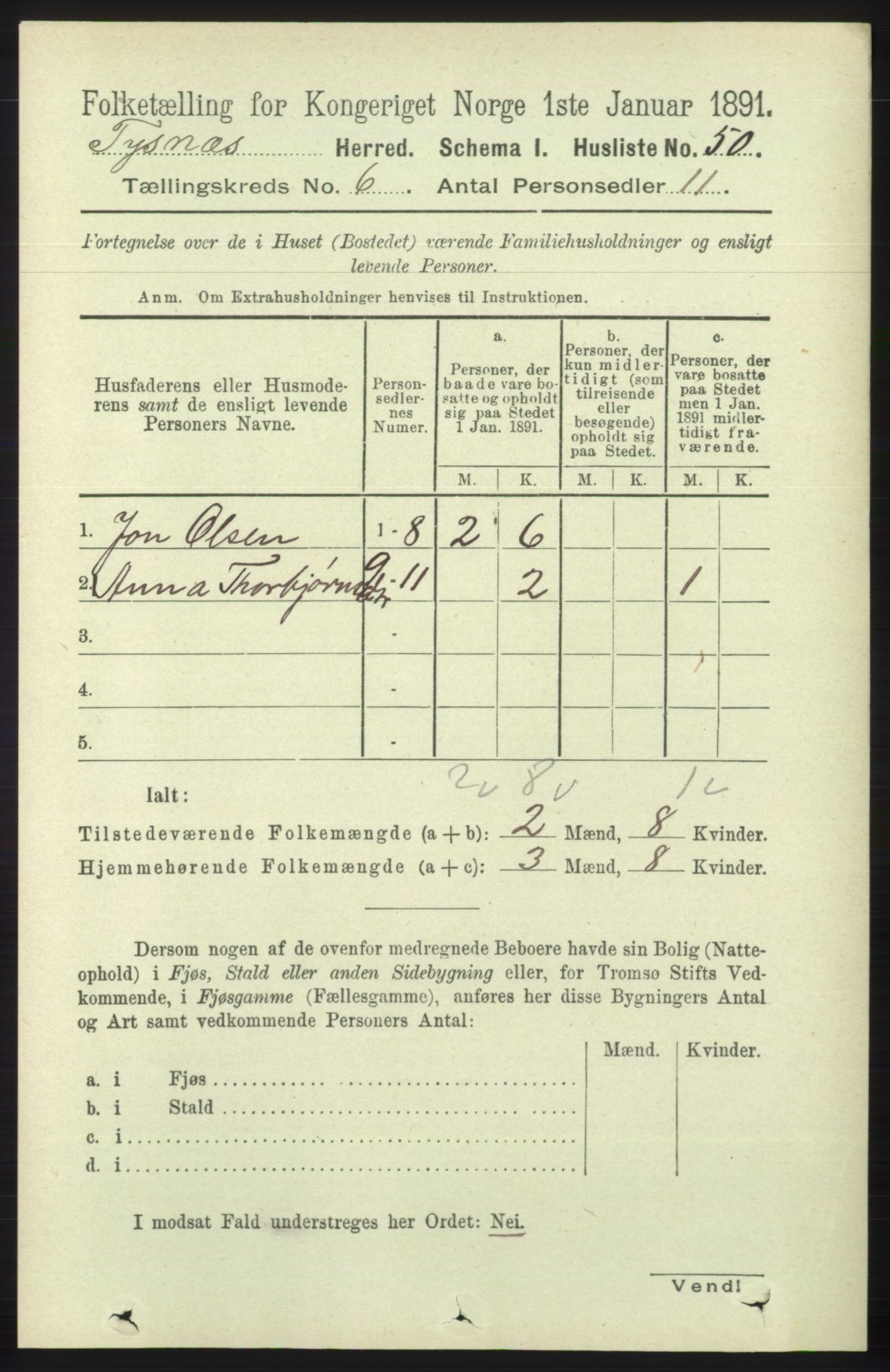 RA, 1891 census for 1223 Tysnes, 1891, p. 2349