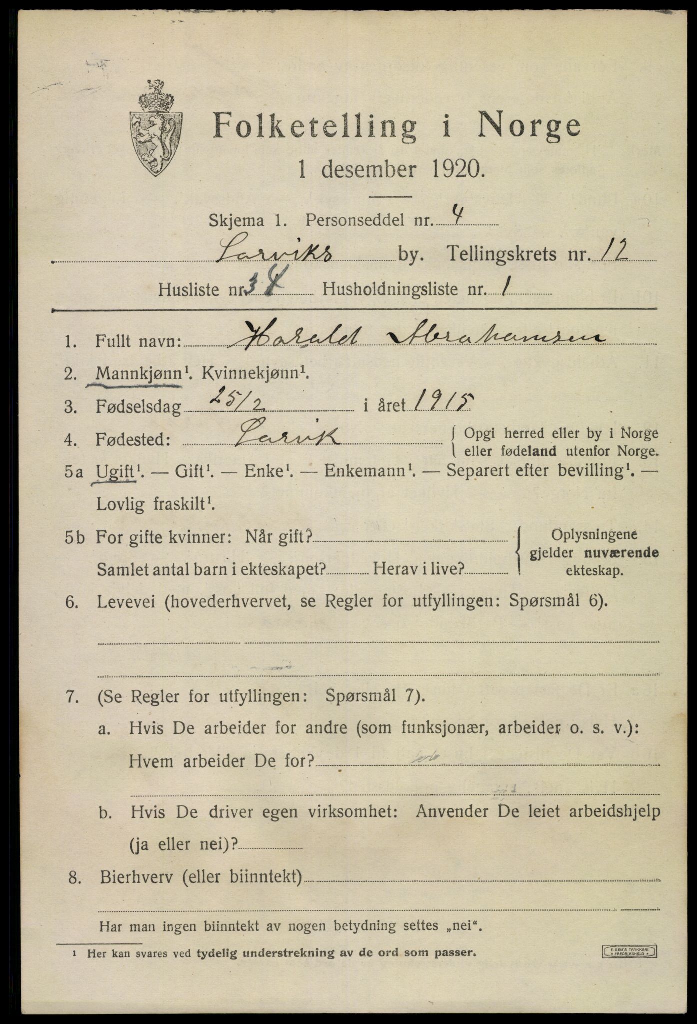 SAKO, 1920 census for Larvik, 1920, p. 31032