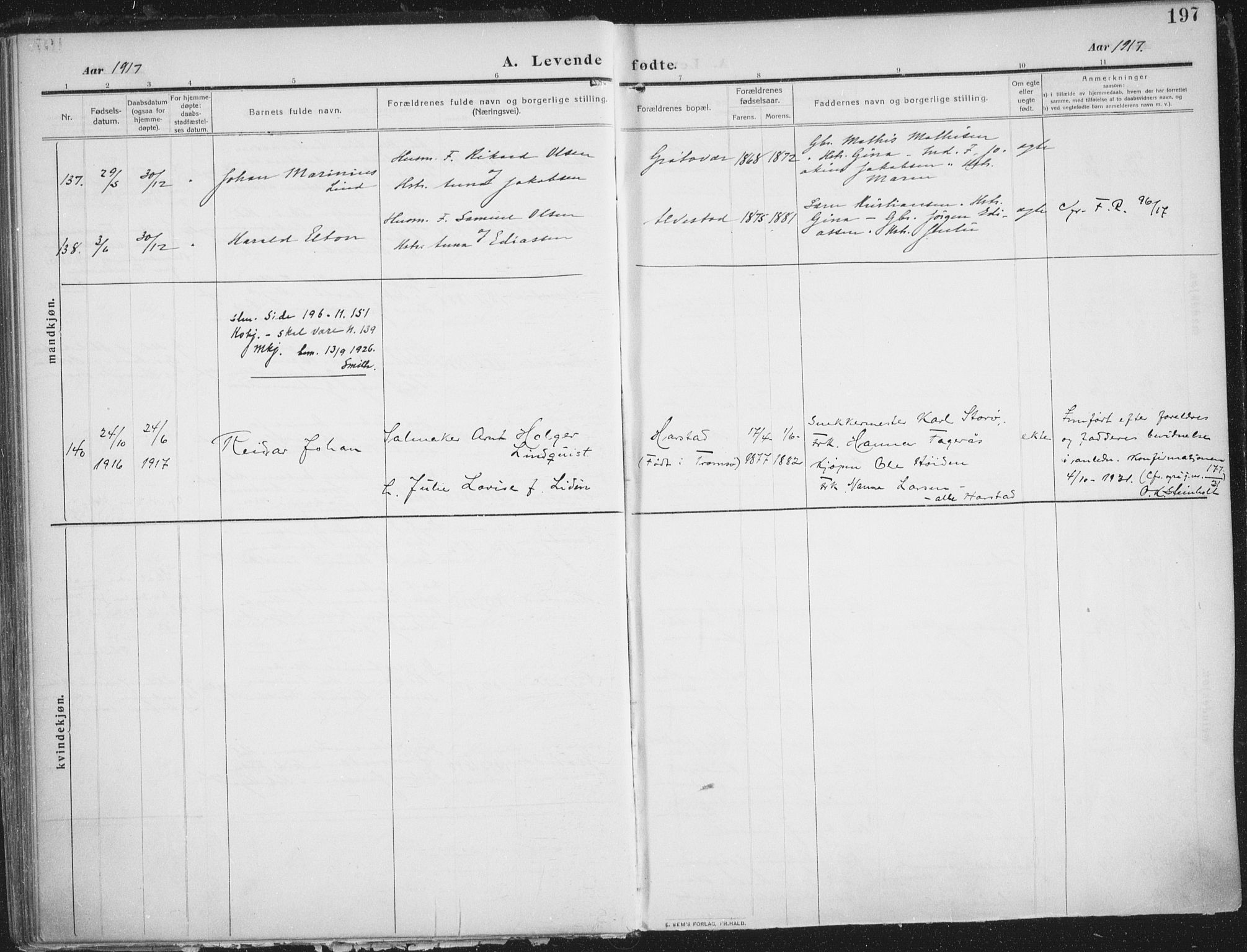 Trondenes sokneprestkontor, AV/SATØ-S-1319/H/Ha/L0018kirke: Parish register (official) no. 18, 1909-1918, p. 197