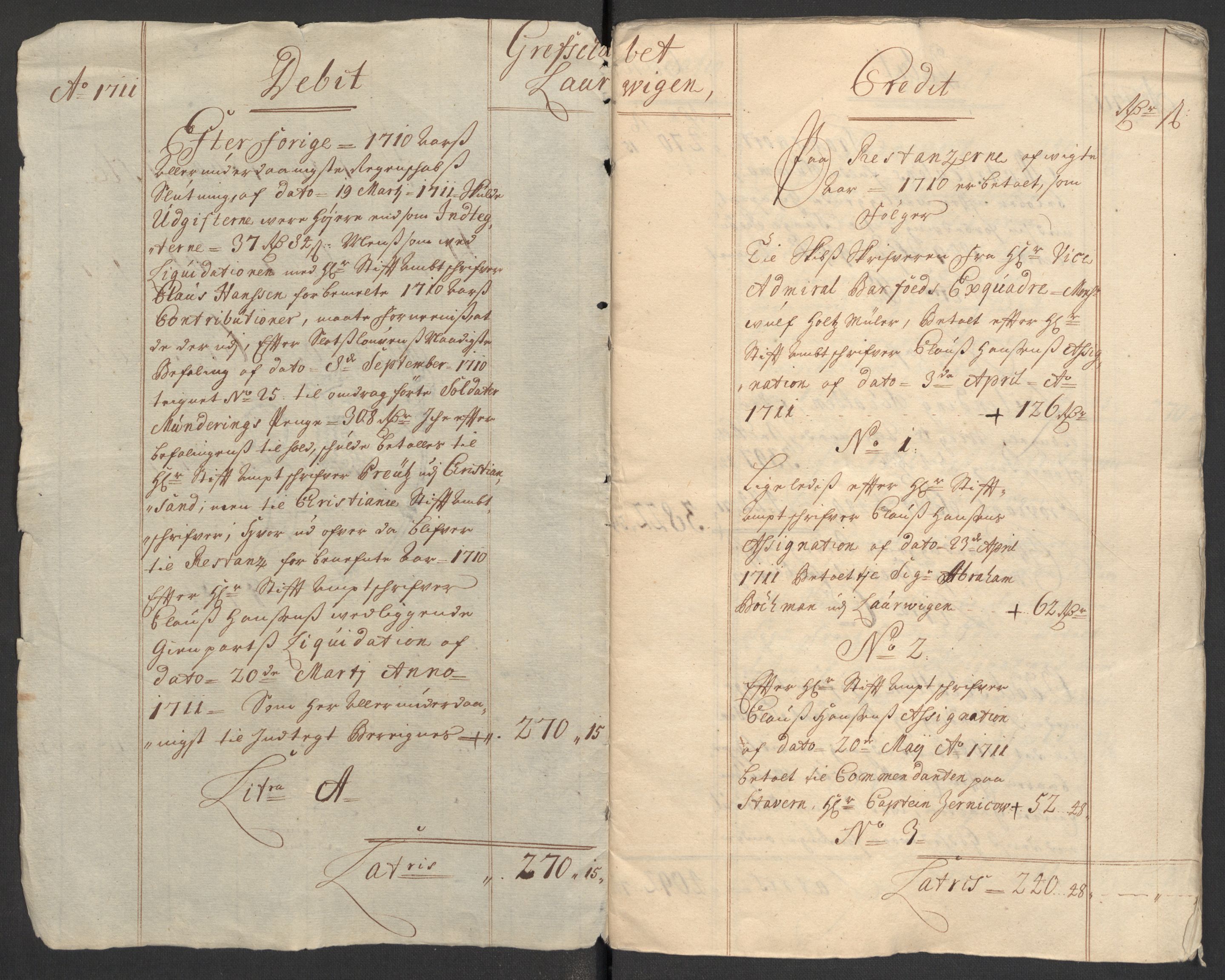 Rentekammeret inntil 1814, Reviderte regnskaper, Fogderegnskap, AV/RA-EA-4092/R33/L1983: Fogderegnskap Larvik grevskap, 1711, p. 4