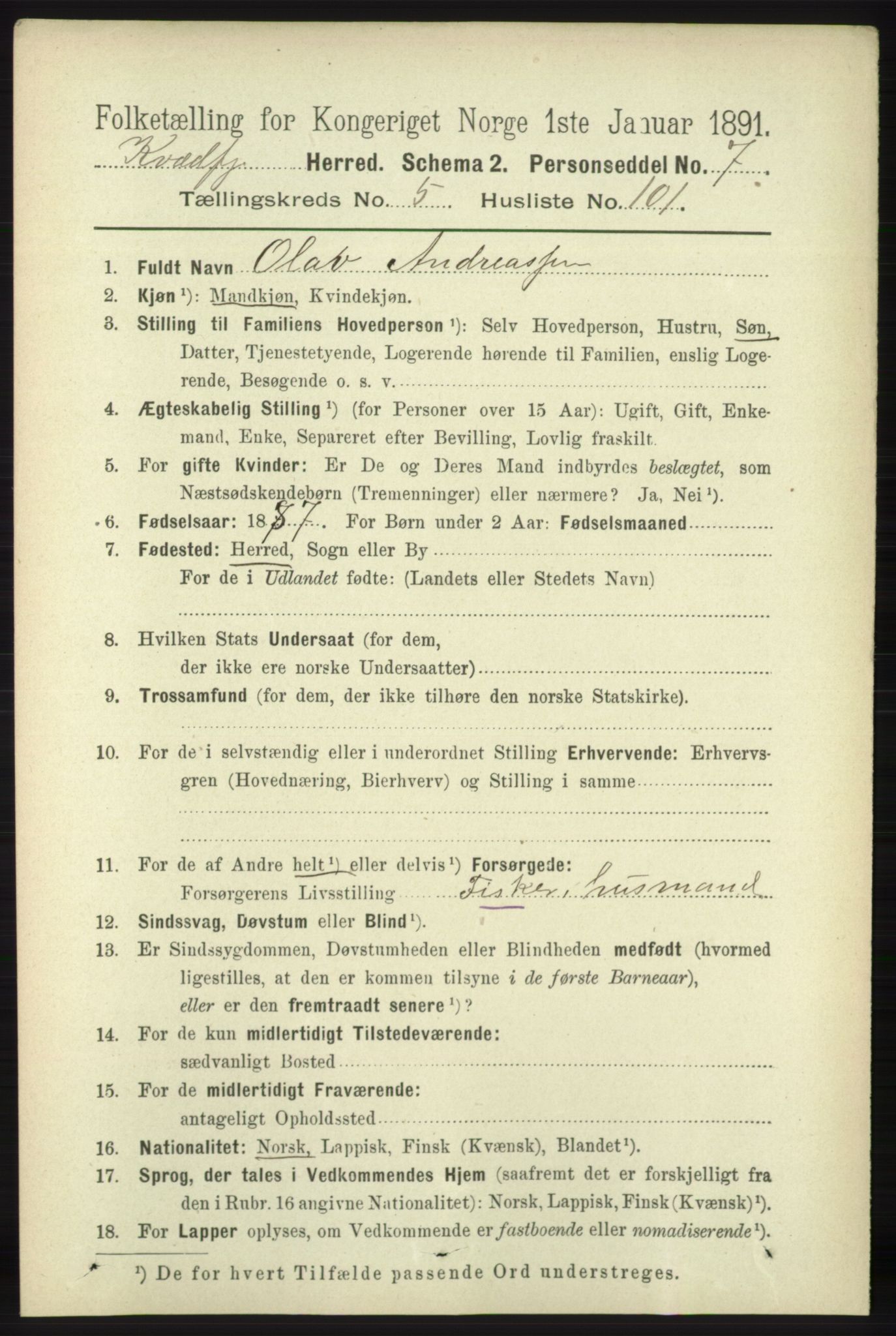 RA, 1891 census for 1911 Kvæfjord, 1891, p. 3480