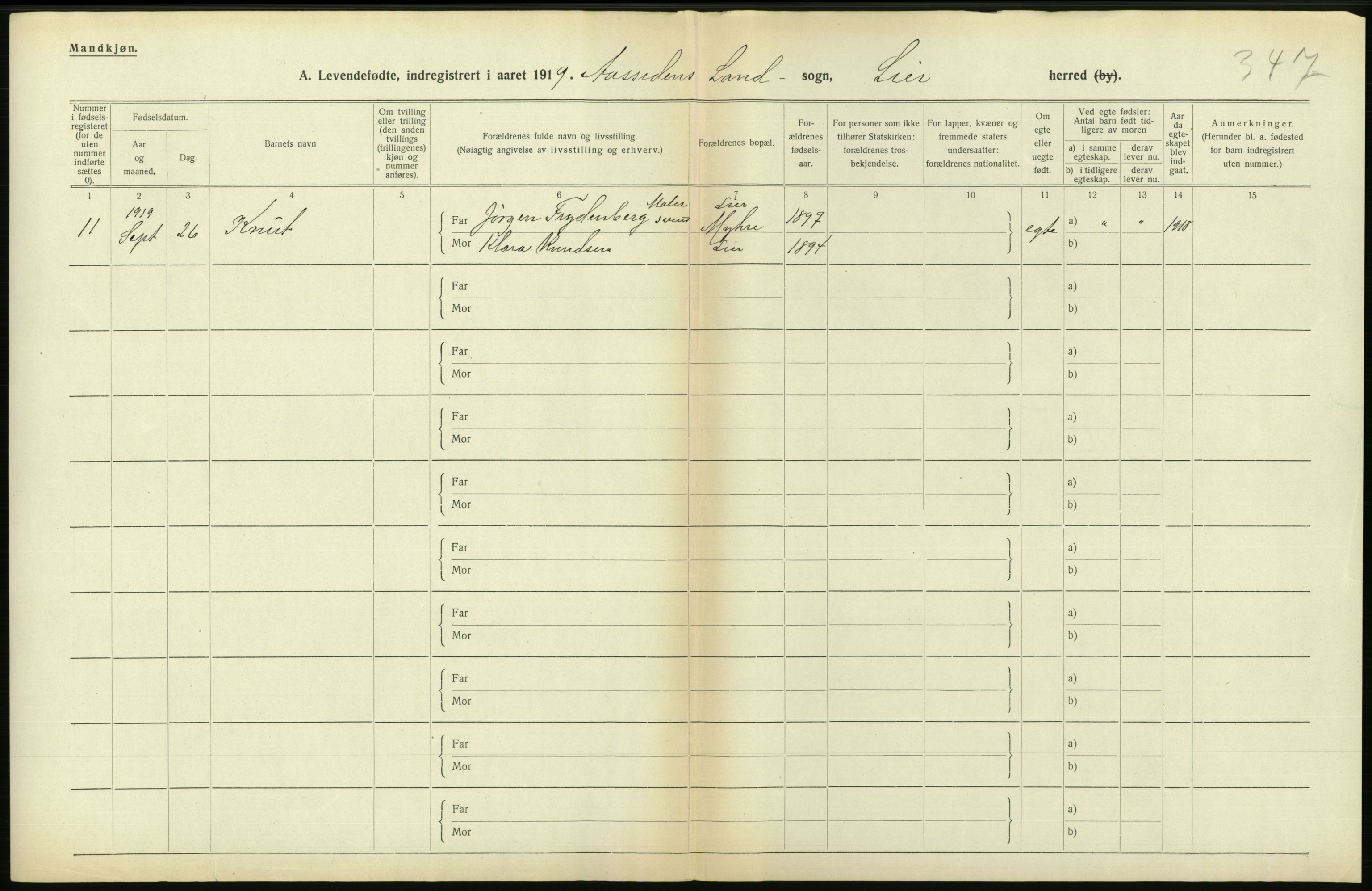 Statistisk sentralbyrå, Sosiodemografiske emner, Befolkning, RA/S-2228/D/Df/Dfb/Dfbi/L0016: Buskerud fylke: Levendefødte menn og kvinner. Bygder., 1919, p. 332