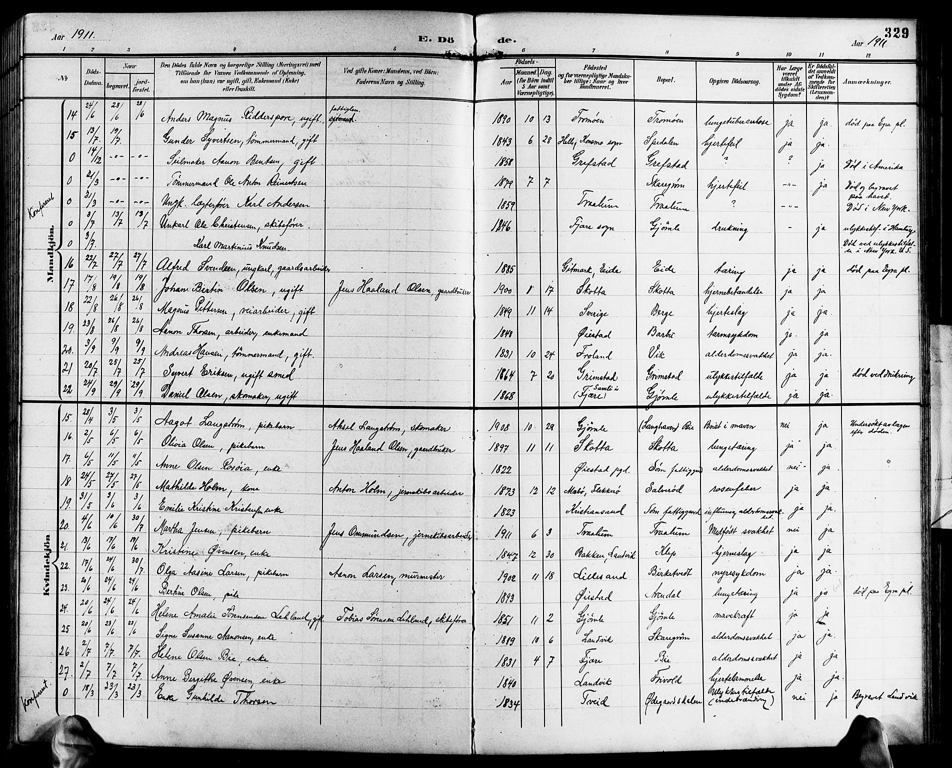 Fjære sokneprestkontor, AV/SAK-1111-0011/F/Fb/L0012: Parish register (copy) no. B 12, 1902-1925, p. 329