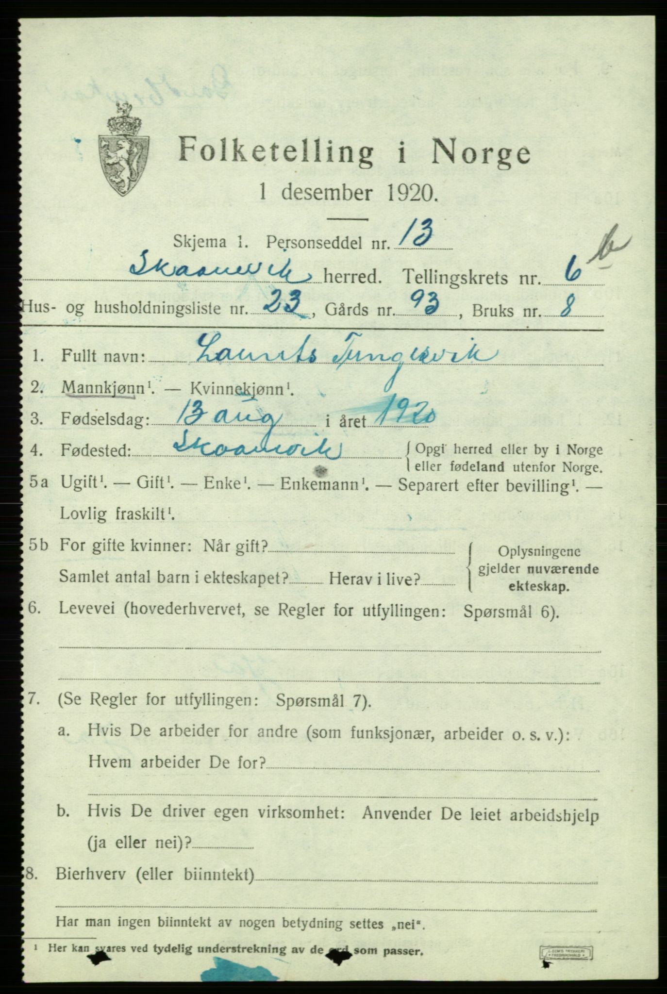 SAB, 1920 census for Skånevik, 1920, p. 4353