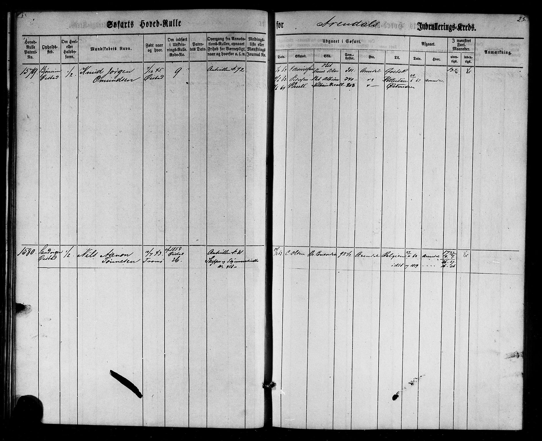 Arendal mønstringskrets, AV/SAK-2031-0012/F/Fb/L0002: Hovedrulle nr 1533-1724 uten register, E-3, 1863-1864, p. 25