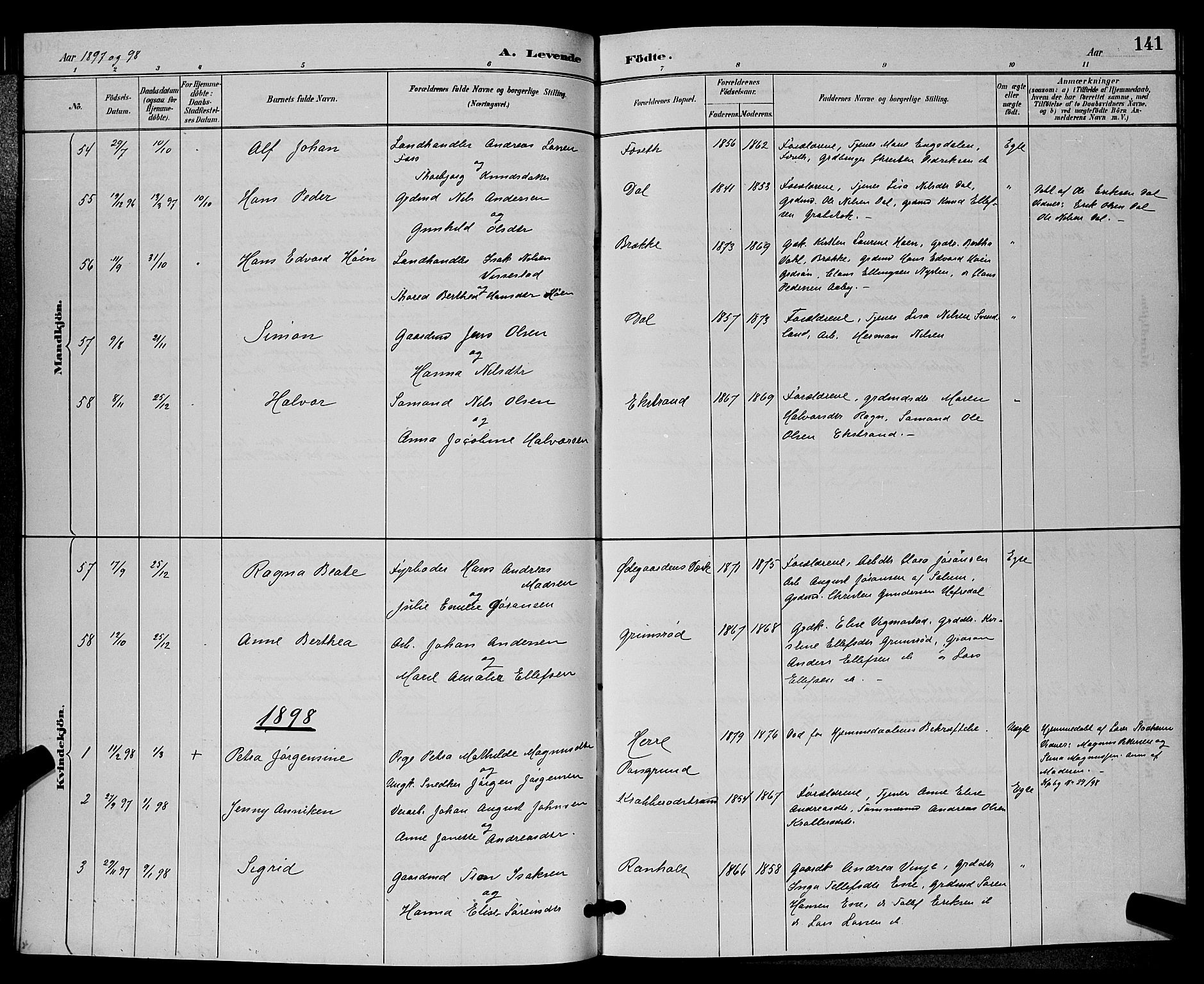 Bamble kirkebøker, SAKO/A-253/G/Ga/L0009: Parish register (copy) no. I 9, 1888-1900, p. 141