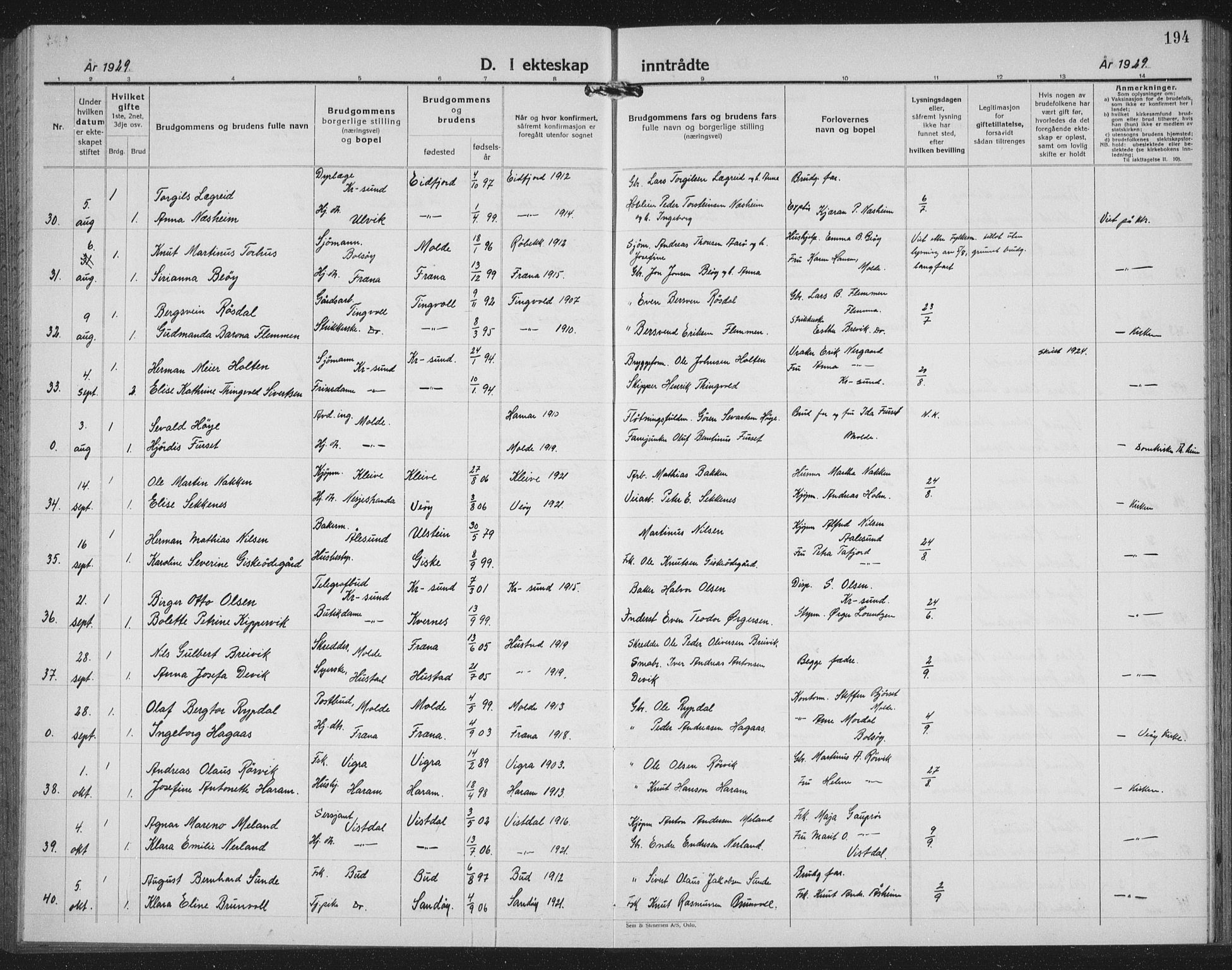 Ministerialprotokoller, klokkerbøker og fødselsregistre - Møre og Romsdal, AV/SAT-A-1454/558/L0704: Parish register (copy) no. 558C05, 1921-1942, p. 194