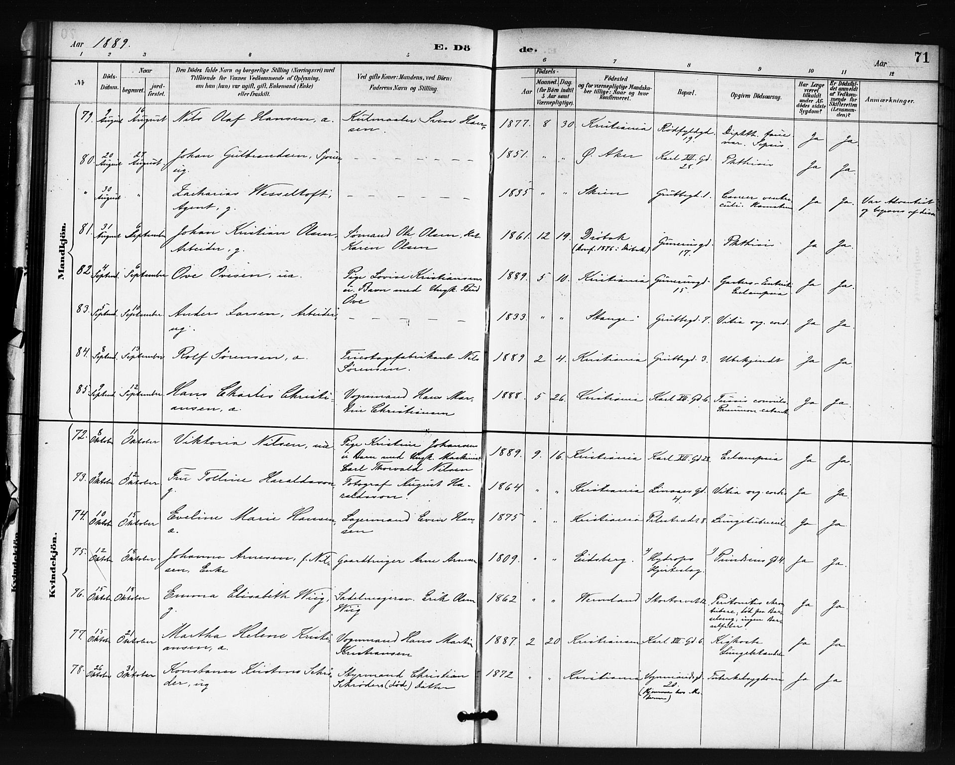 Oslo domkirke Kirkebøker, AV/SAO-A-10752/F/Fa/L0035: Parish register (official) no. 35, 1885-1901, p. 71