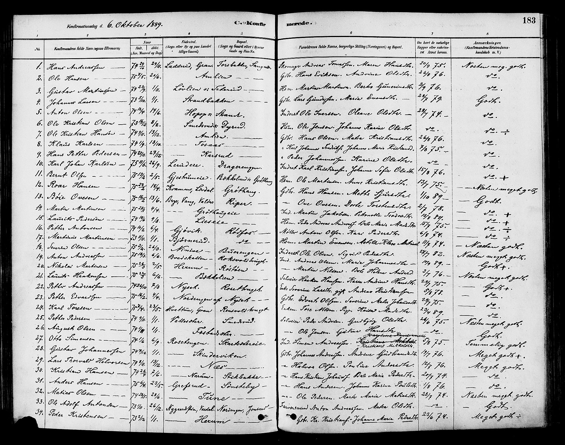 Vestre Toten prestekontor, SAH/PREST-108/H/Ha/Haa/L0009: Parish register (official) no. 9, 1878-1894, p. 183
