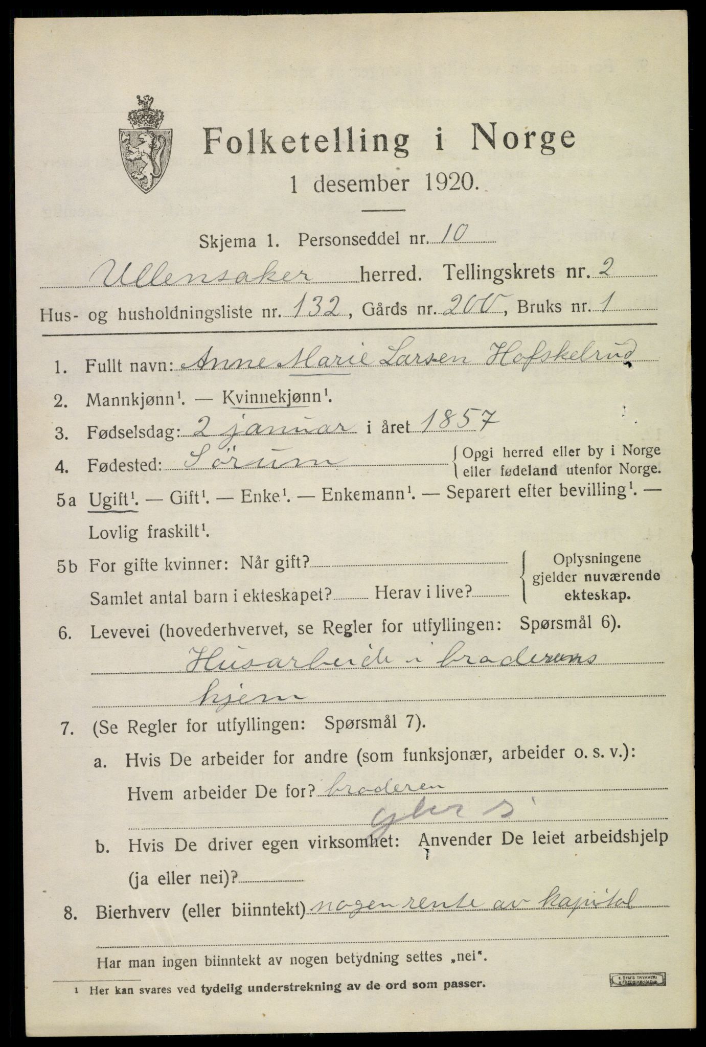 SAO, 1920 census for Ullensaker, 1920, p. 6161