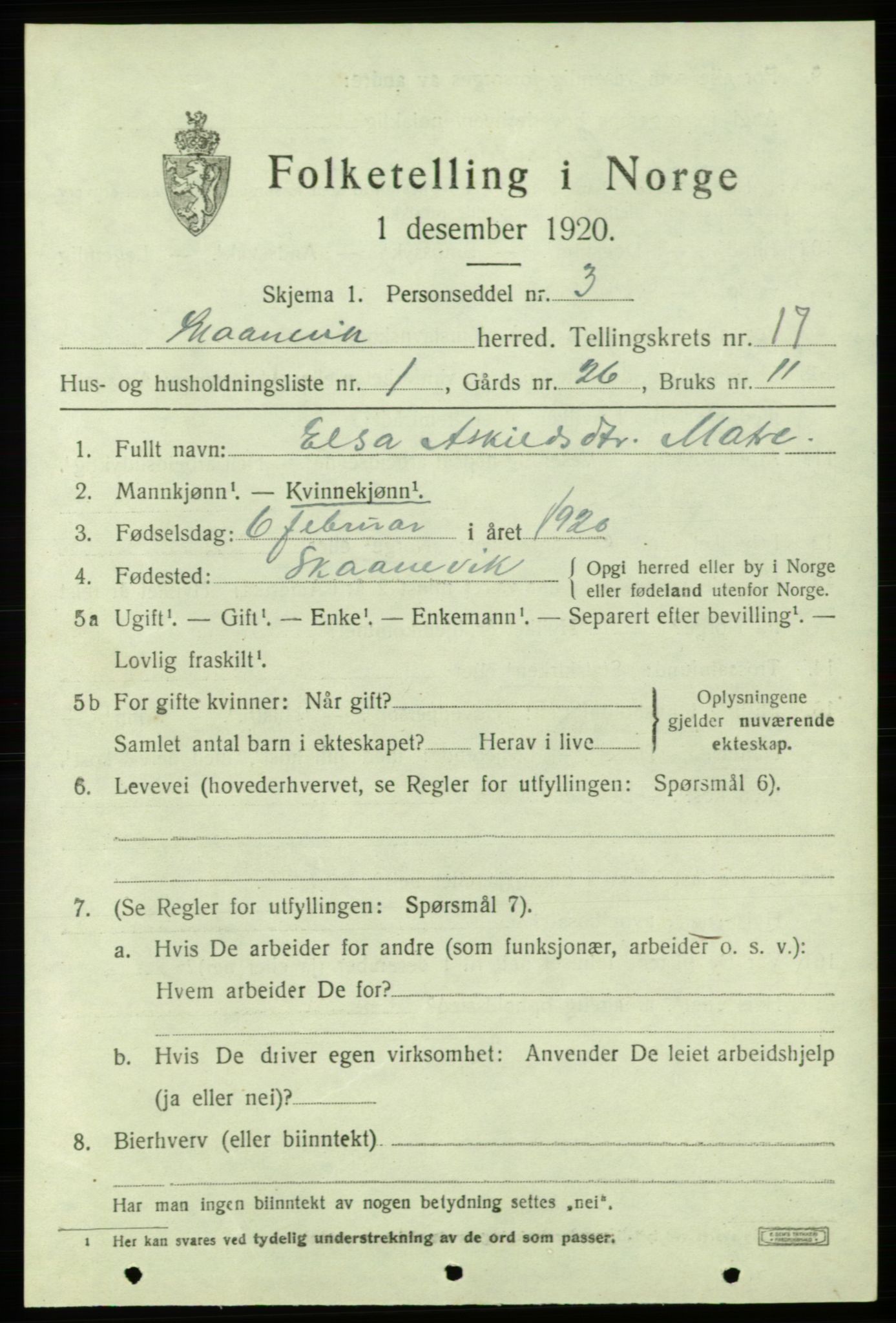 SAB, 1920 census for Skånevik, 1920, p. 6565