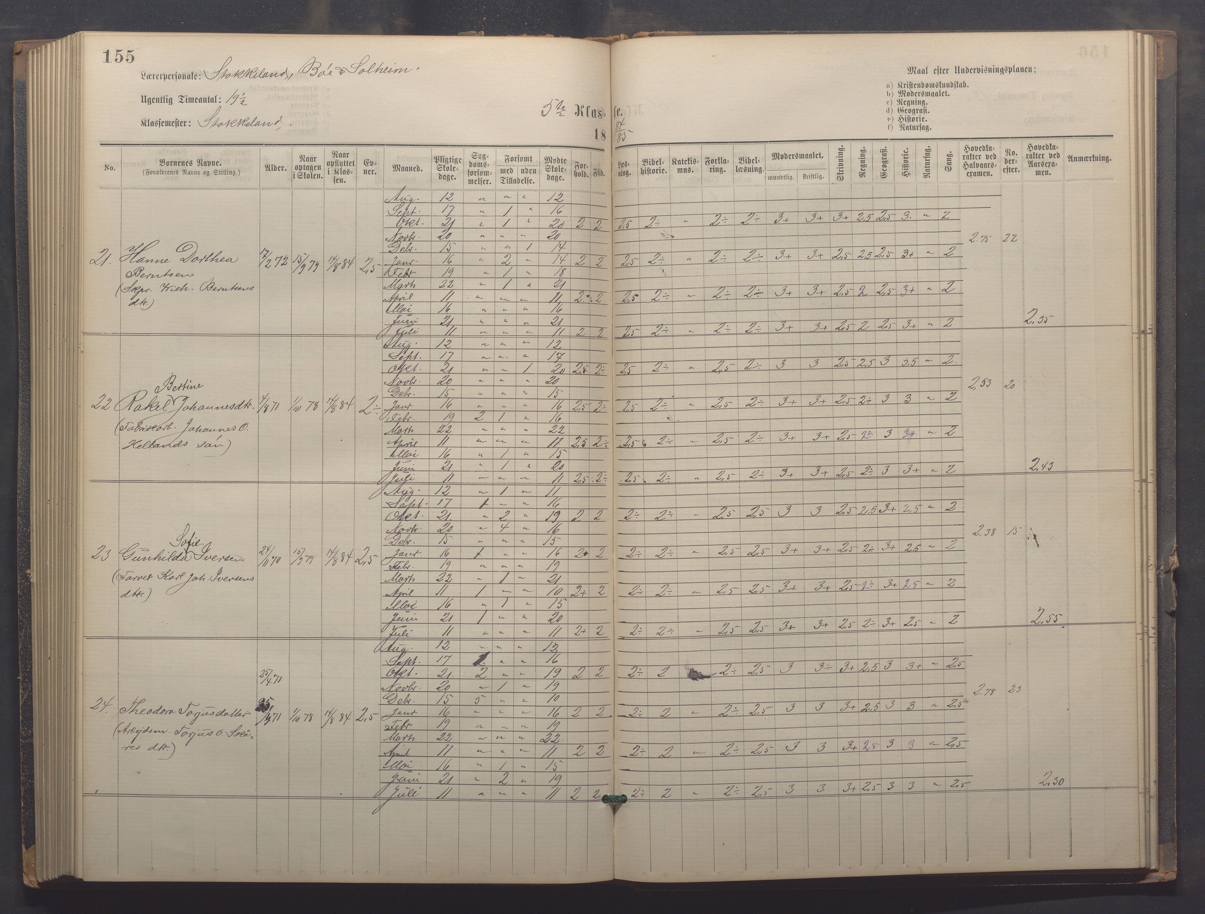 Egersund kommune (Ladested) - Egersund almueskole/folkeskole, IKAR/K-100521/H/L0021: Skoleprotokoll - Almueskolen, 7. klasse, 1878-1886, p. 155