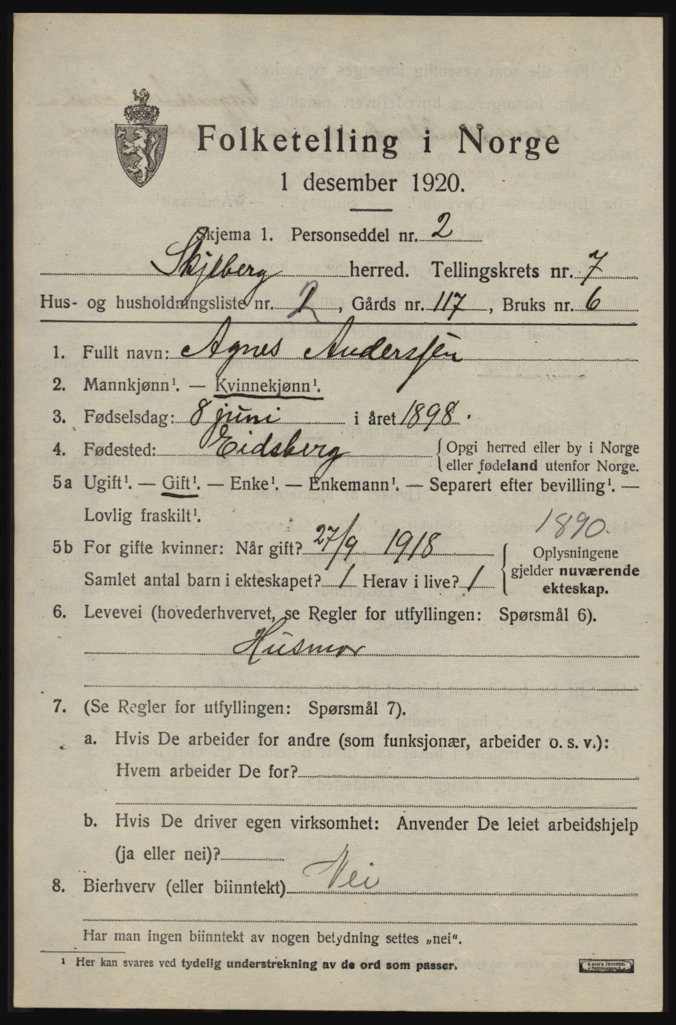 SAO, 1920 census for Skjeberg, 1920, p. 7169