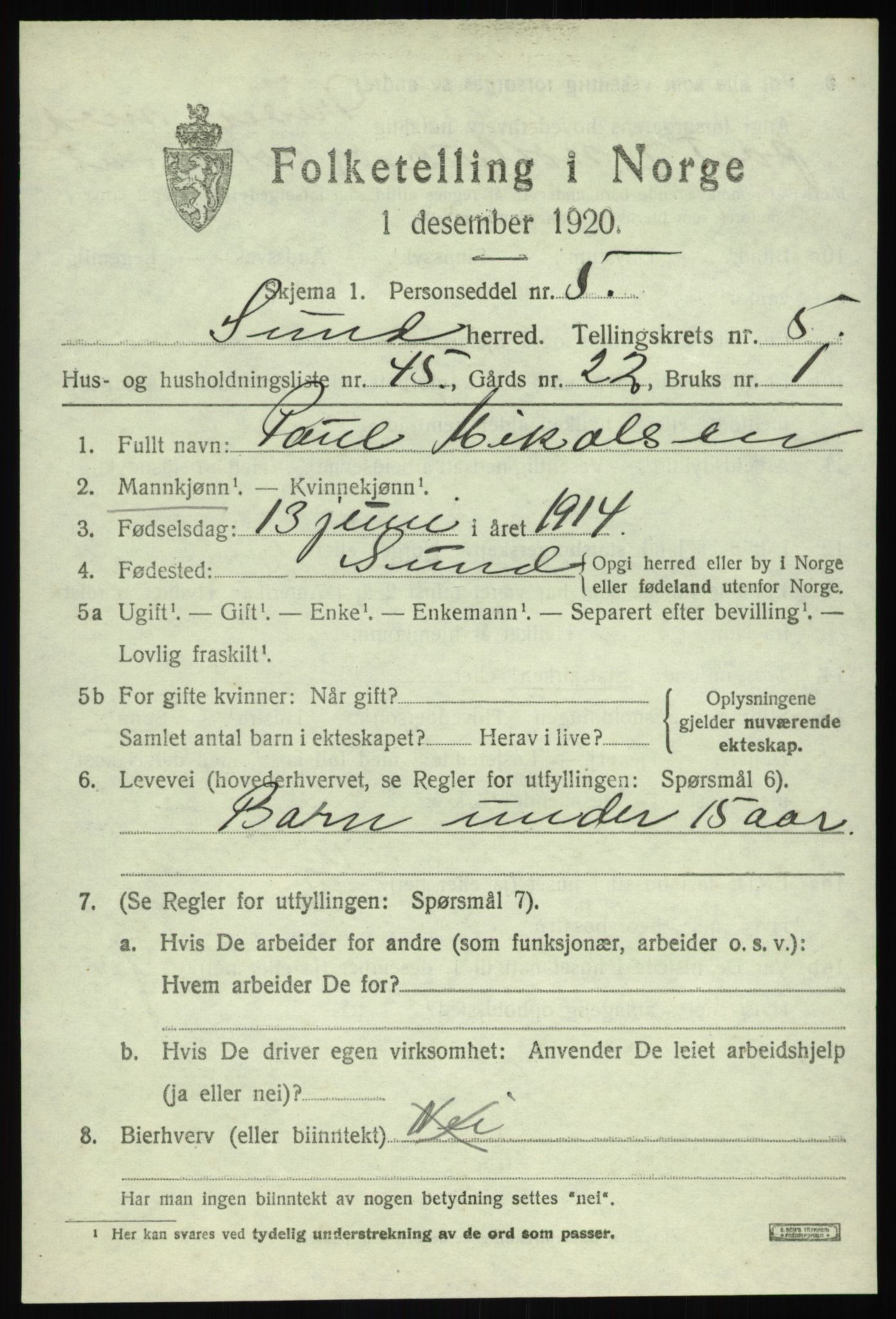 SAB, 1920 census for Sund, 1920, p. 3591