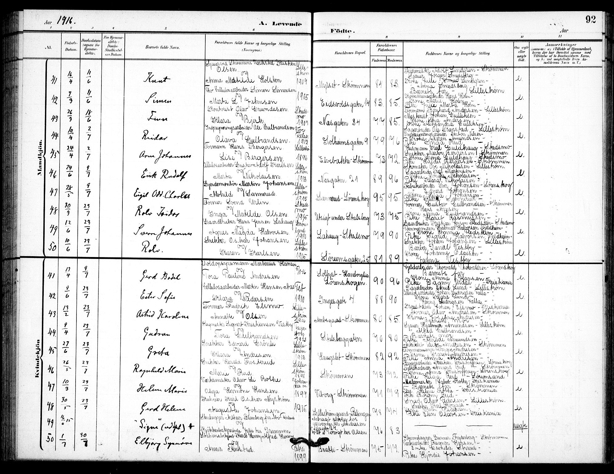 Skedsmo prestekontor Kirkebøker, AV/SAO-A-10033a/F/Fc/L0001: Parish register (official) no. III 1, 1908-1916, p. 92