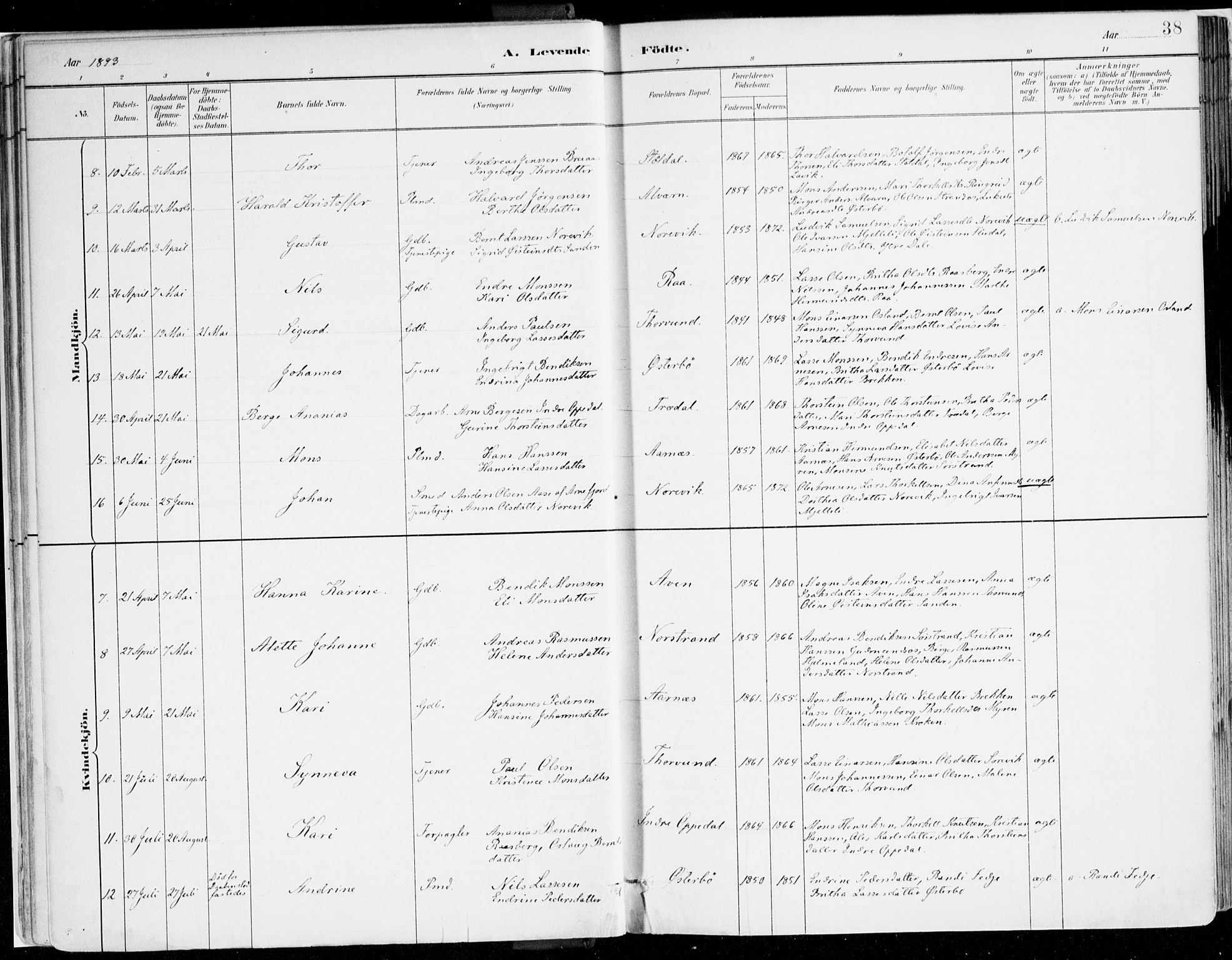 Lavik sokneprestembete, AV/SAB-A-80901: Parish register (official) no. B 1, 1882-1908, p. 38